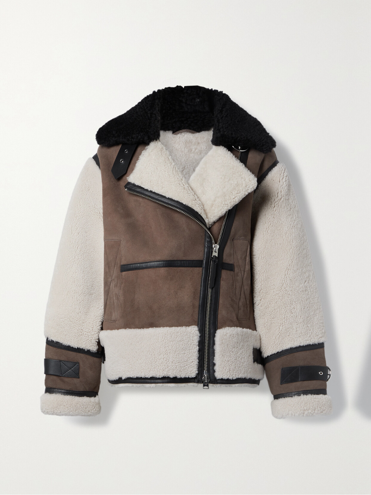 SHOREDITCH SKI CLUB + NET SUSTAIN CELESTE PANELED LEATHER-TRIMMED SHEARLING JACKET