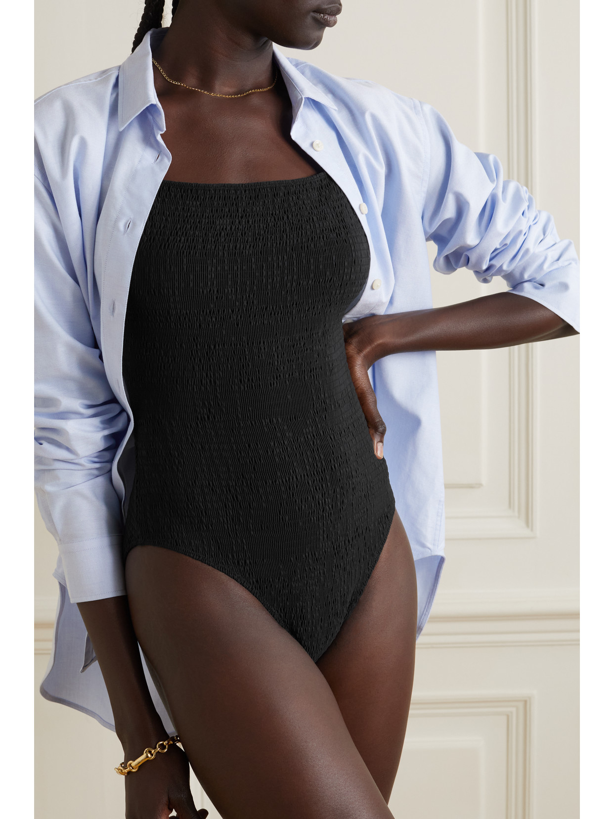 Totême + Net Sustain Open-back Stretch Recycled-seersucker Swimsuit In Black