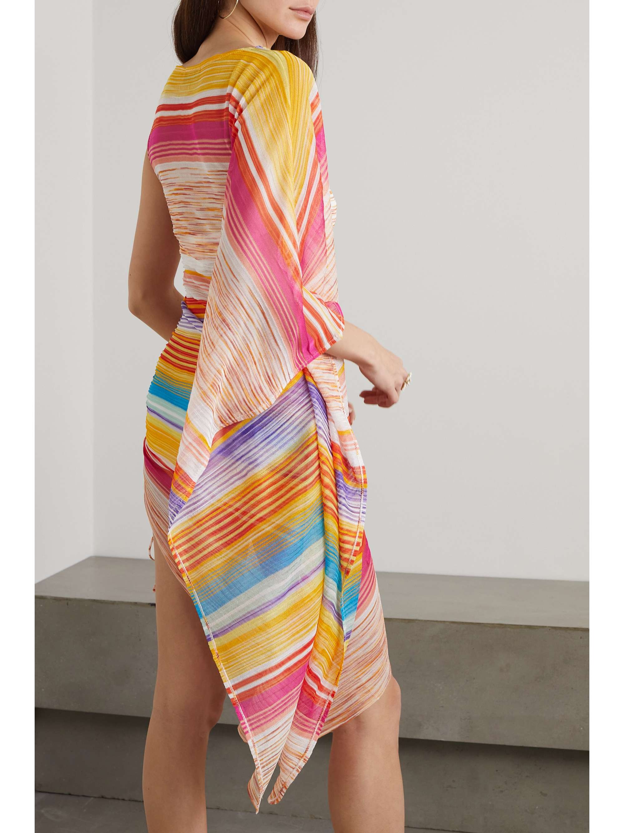 MISSONI Asymmetric one-sleeve striped knitted coverup