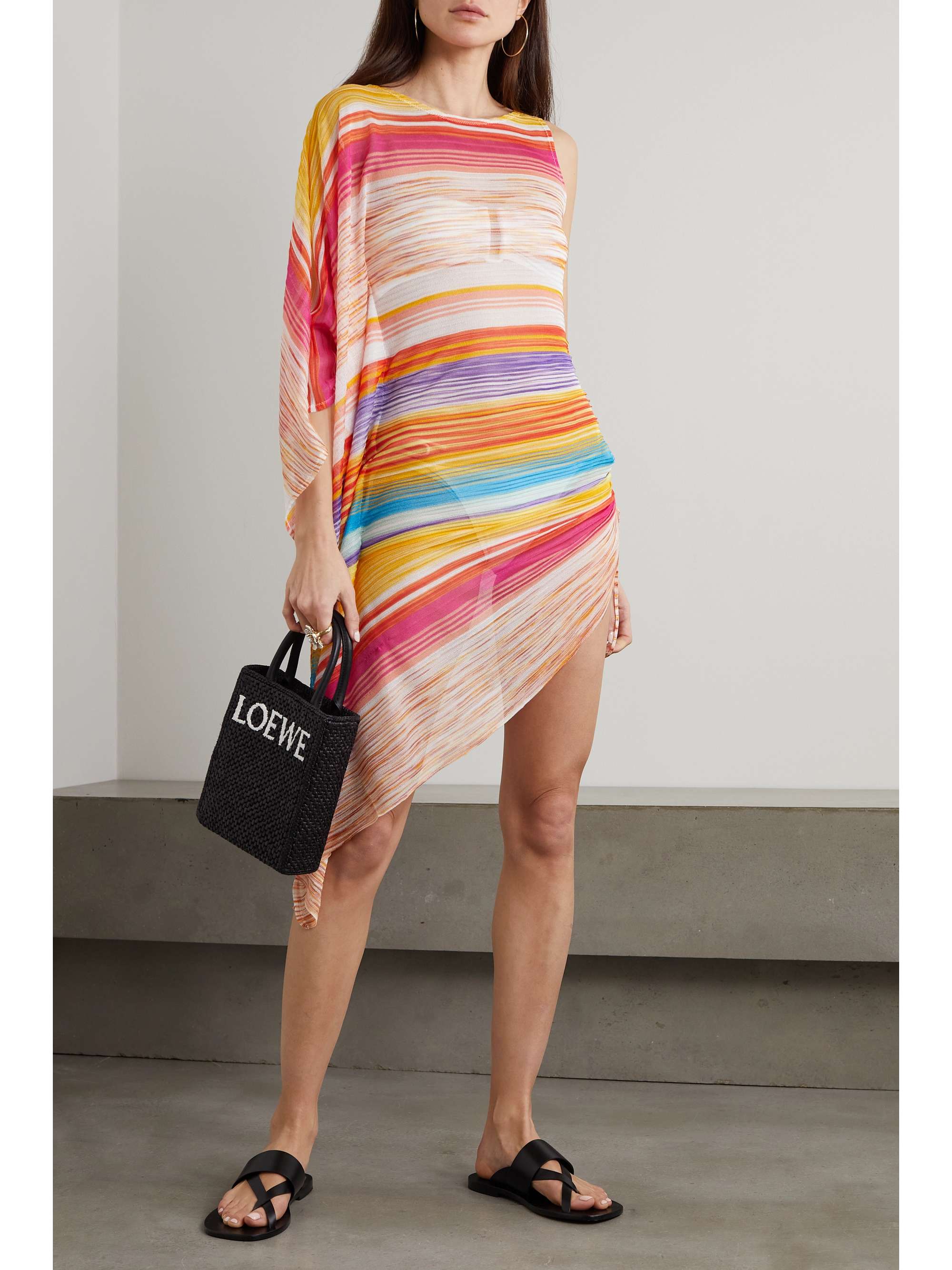 MISSONI Asymmetric one-sleeve striped knitted coverup
