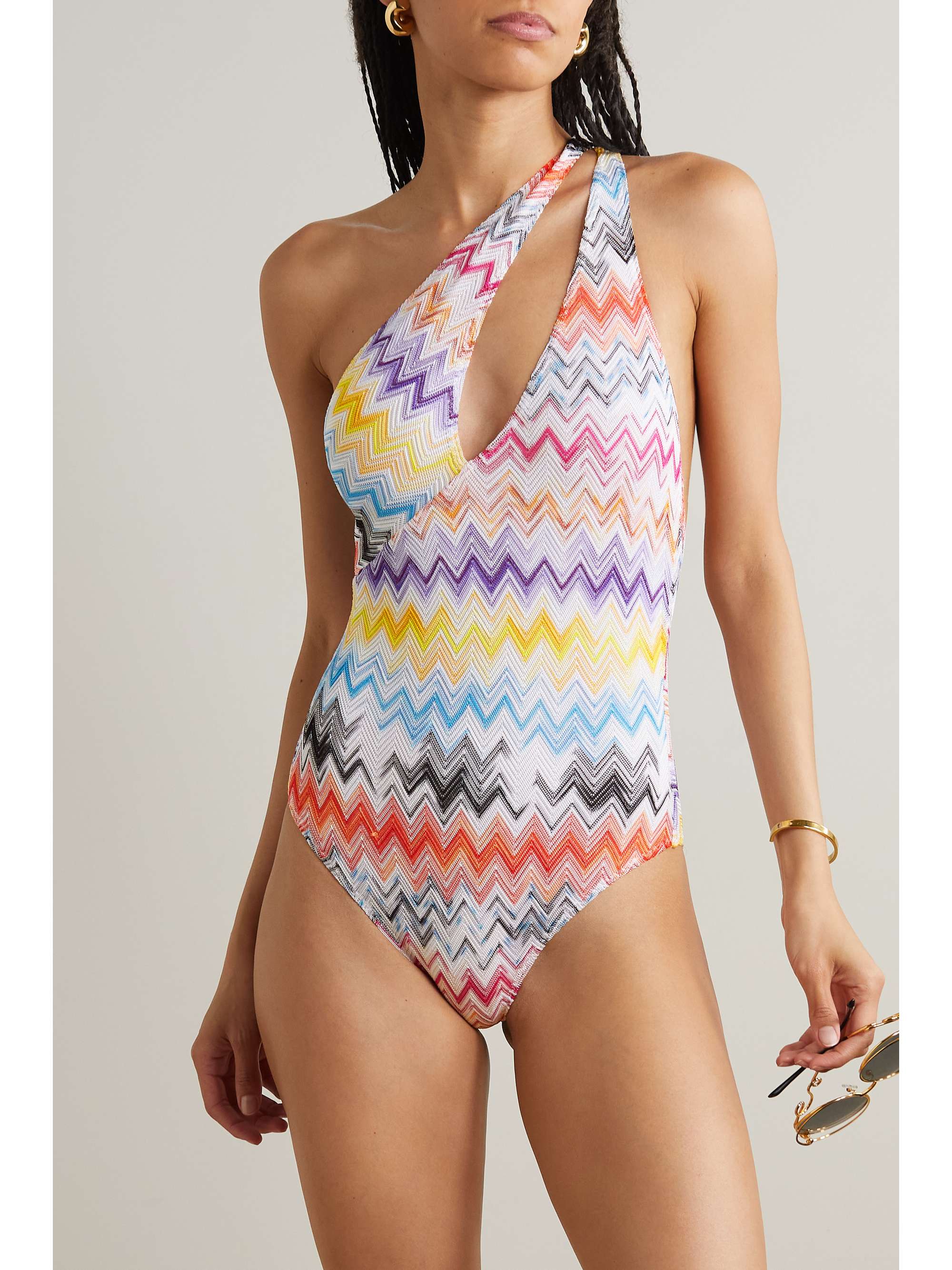 Mare one shoulder striped crochet knit swimsuit