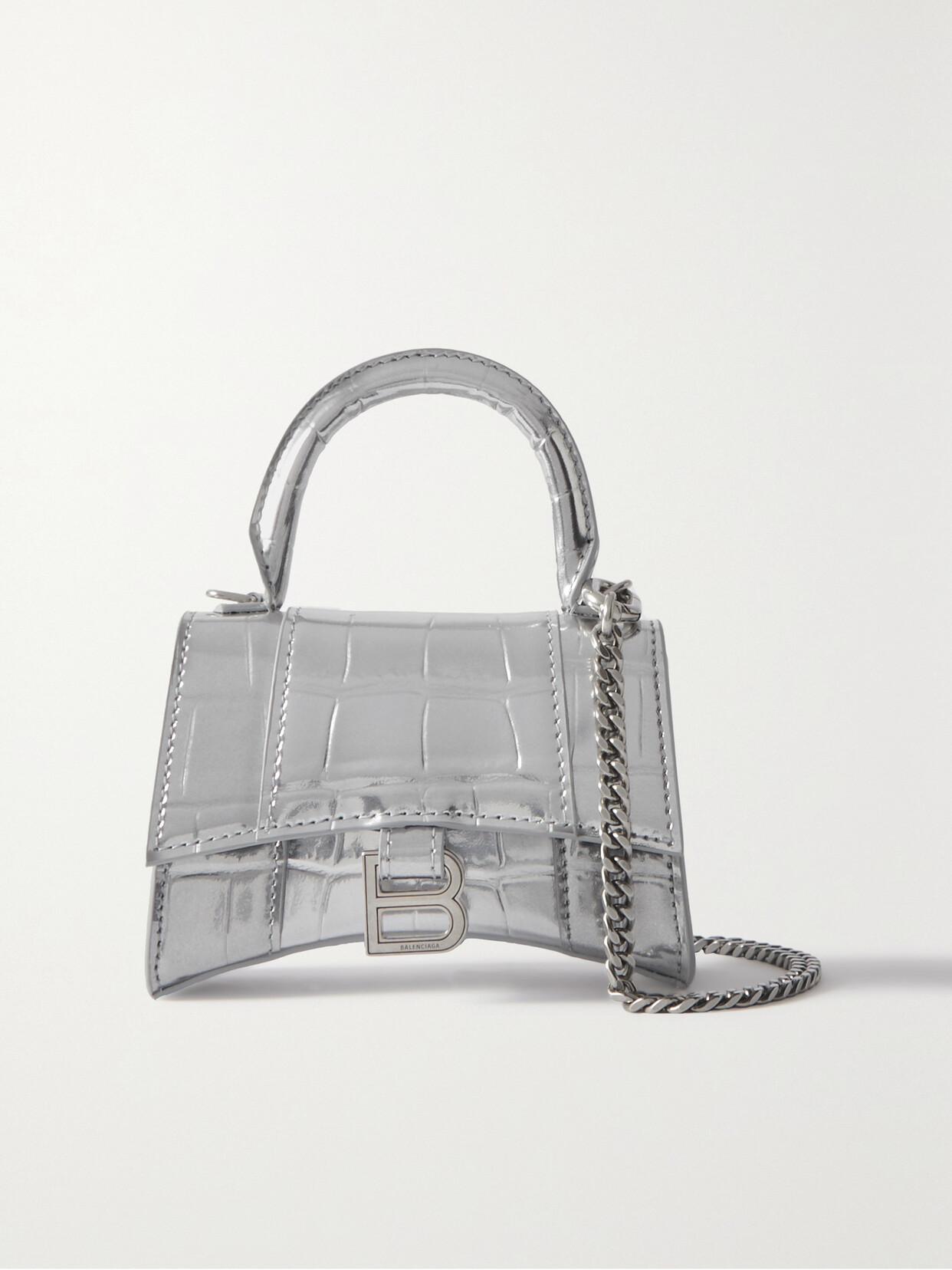 Balenciaga Hourglass Mini Metallic Croc-effect Leather Tote In Silver