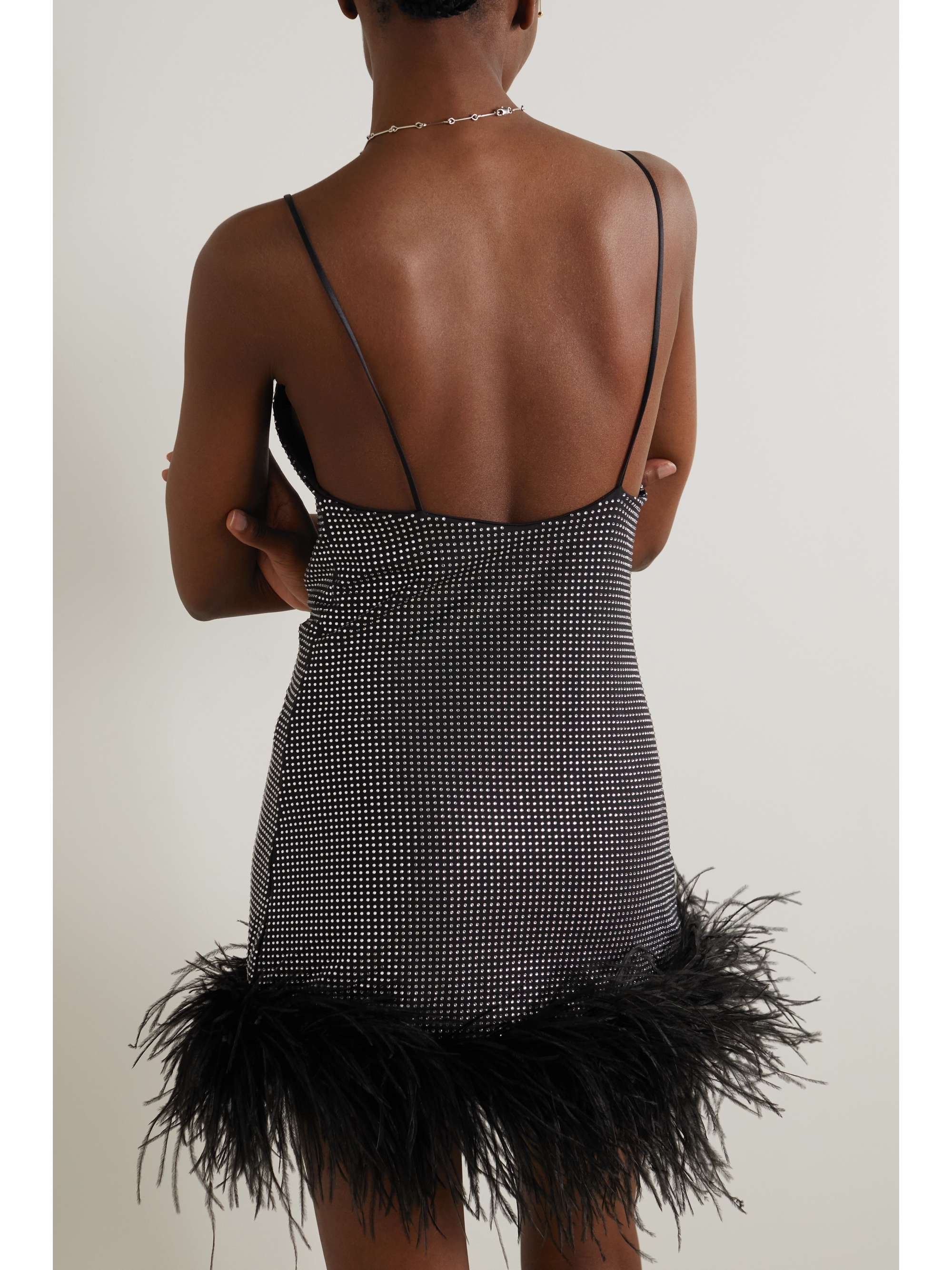 LESLIE AMON Laurie feather-trimmed crystal-embellished stretch-jersey mini dress