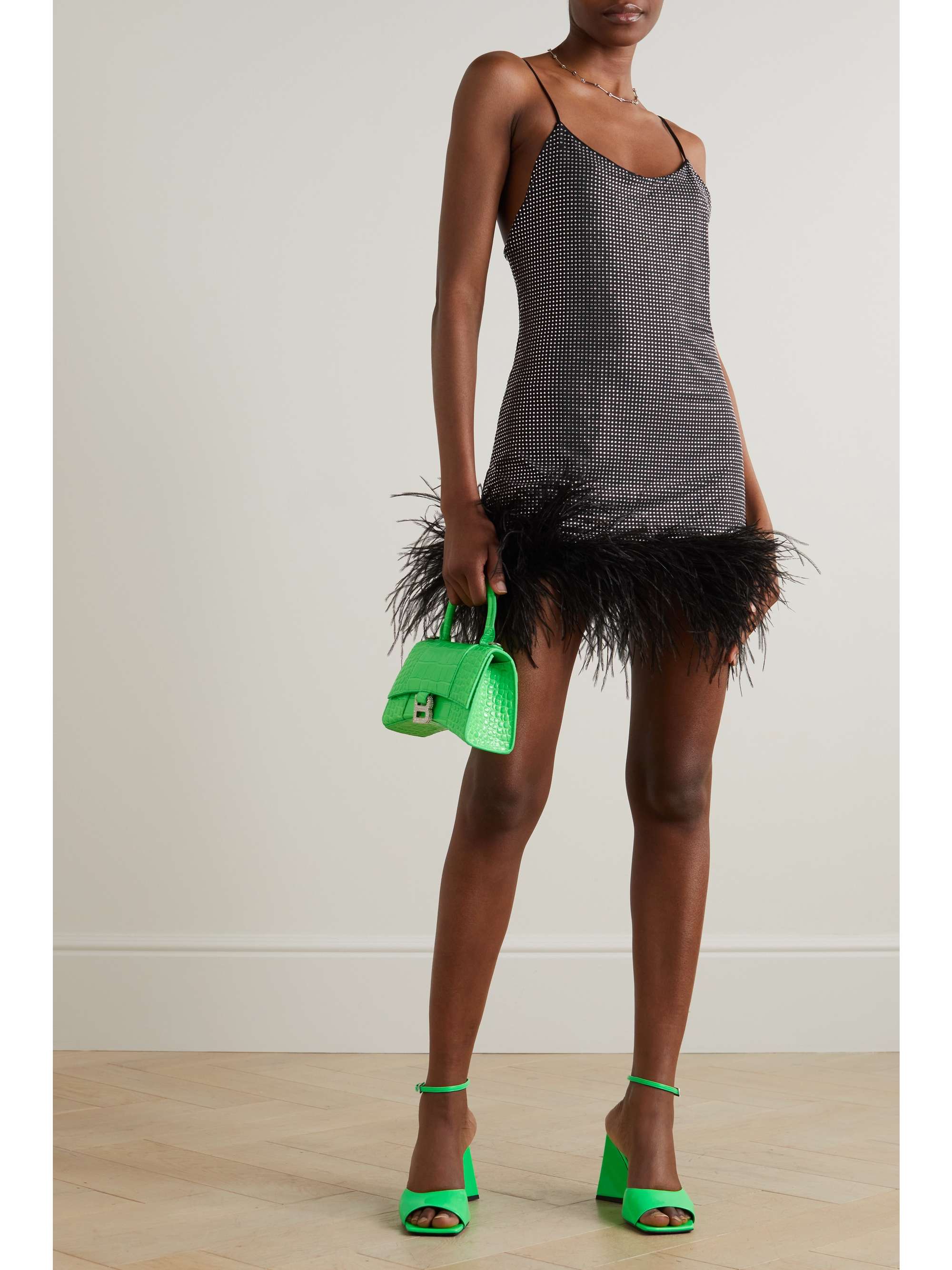 LESLIE AMON Laurie feather-trimmed crystal-embellished stretch-jersey mini dress