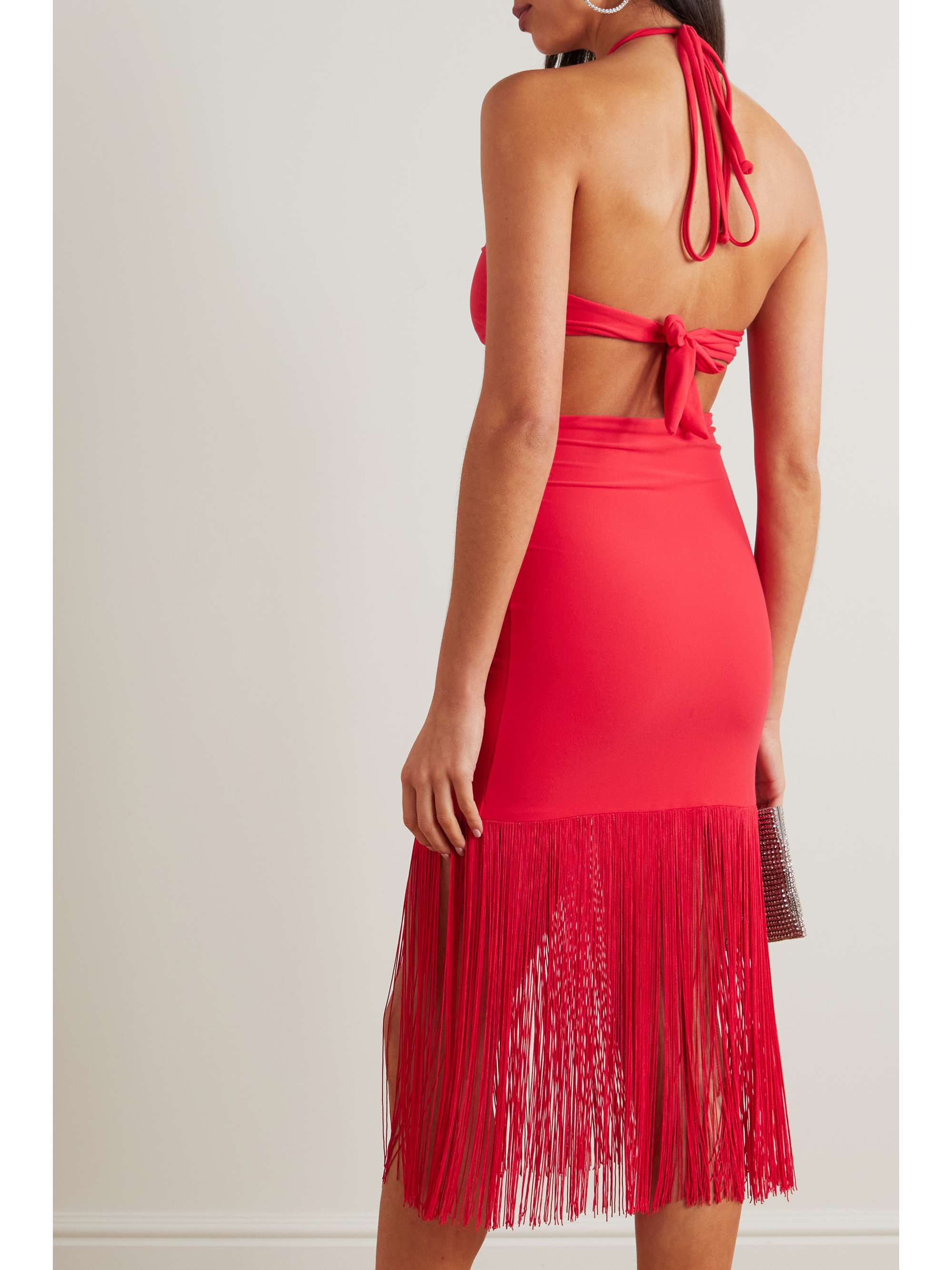LESLIE AMON Sol cutout fringed stretch-jersey halterneck midi dress
