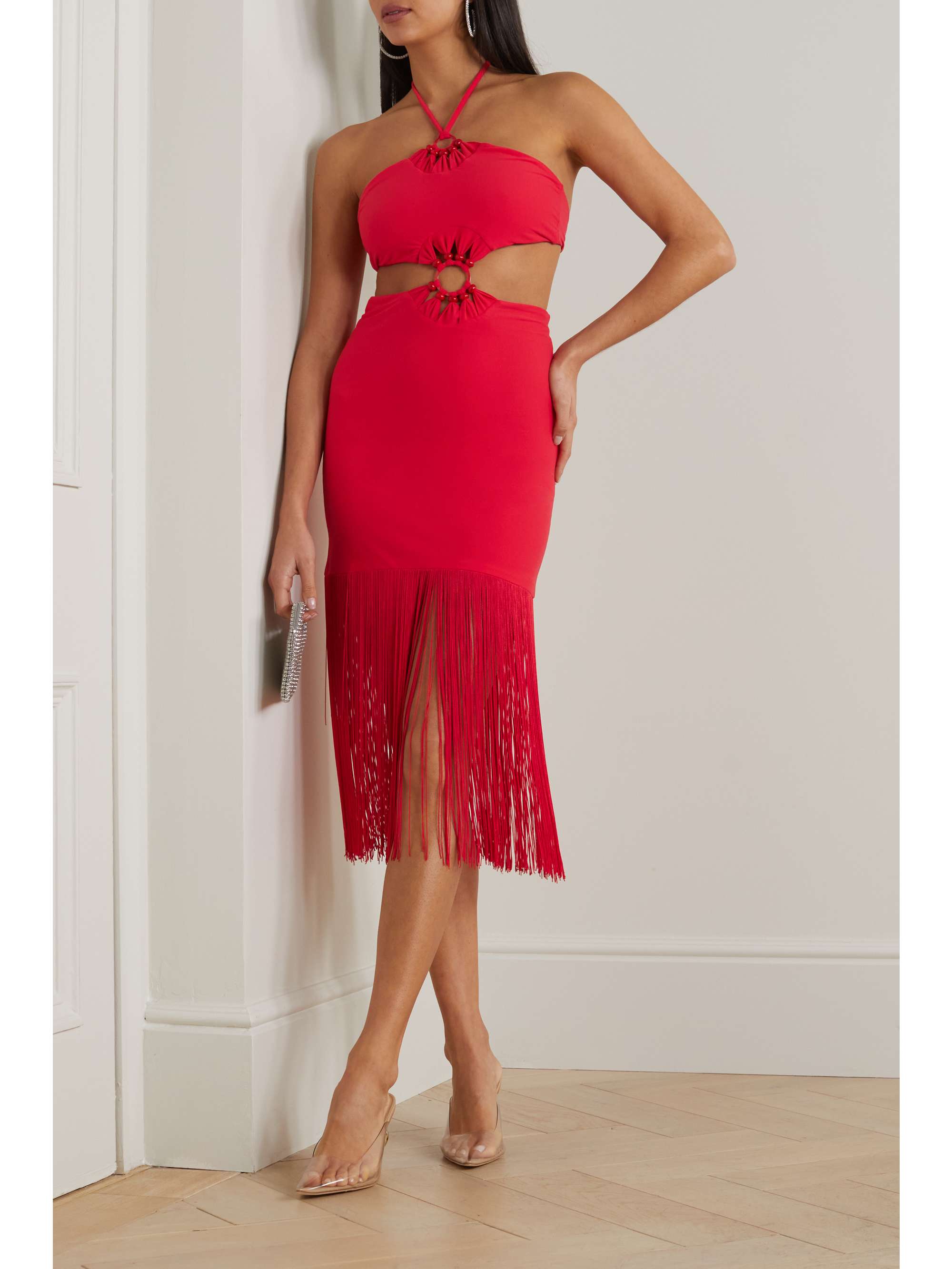 LESLIE AMON Sol cutout fringed stretch-jersey halterneck midi dress