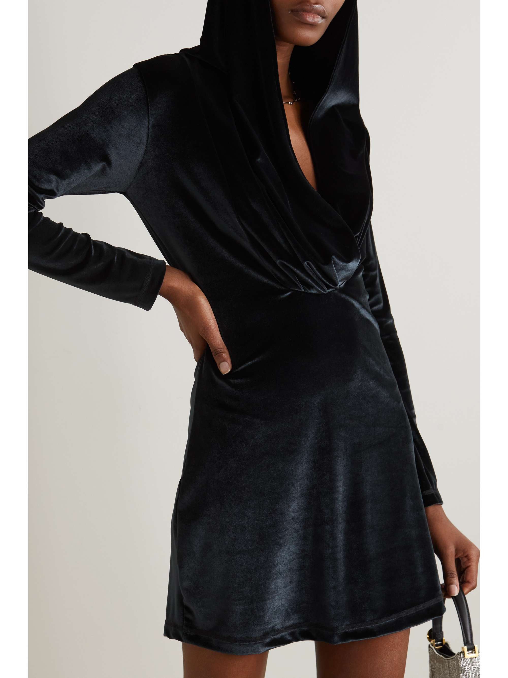 LESLIE AMON Grace hooded velvet mini dress
