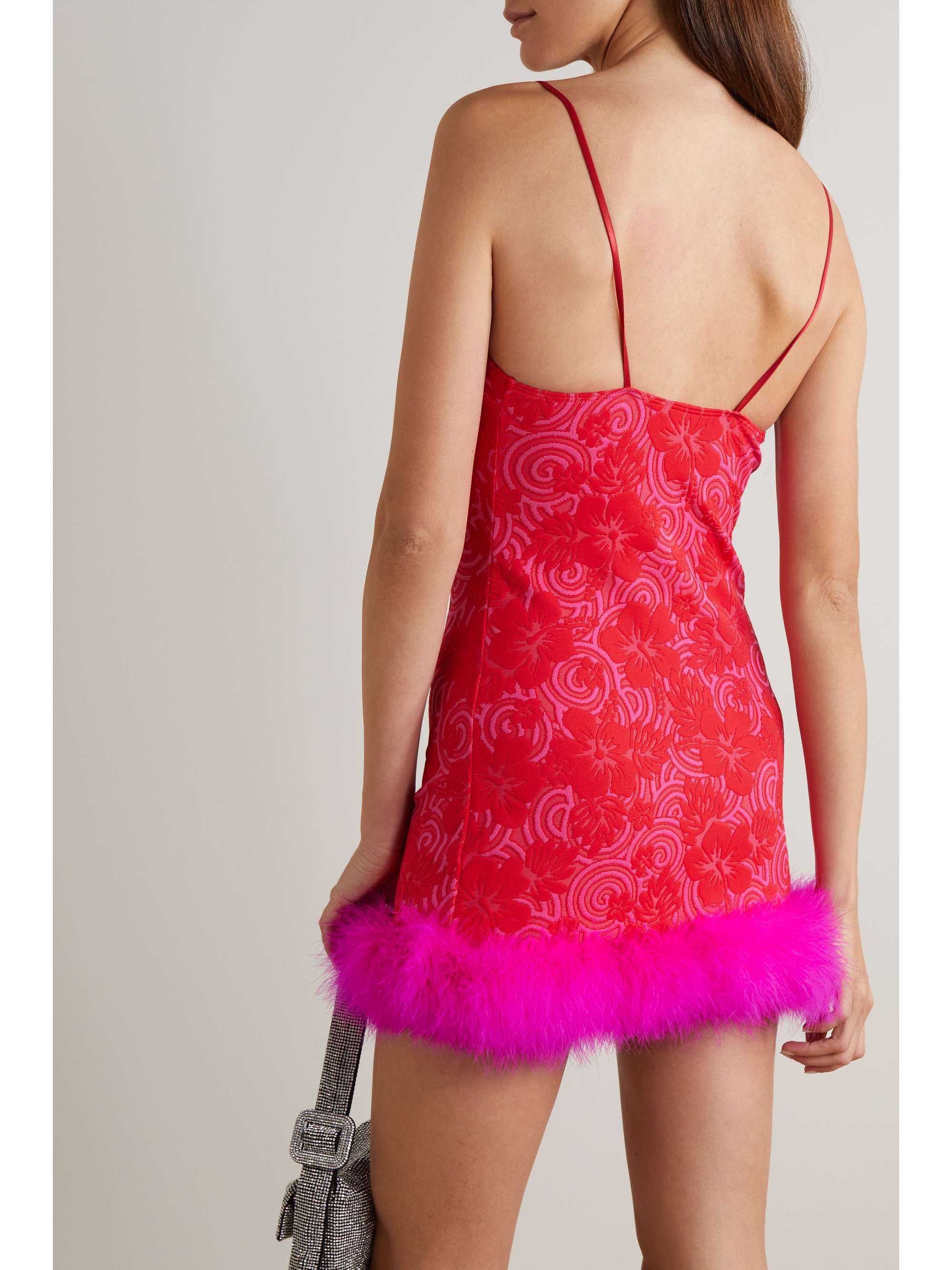 LESLIE AMON Laurie feather-trimmed stretch jacquard-knit mini dress
