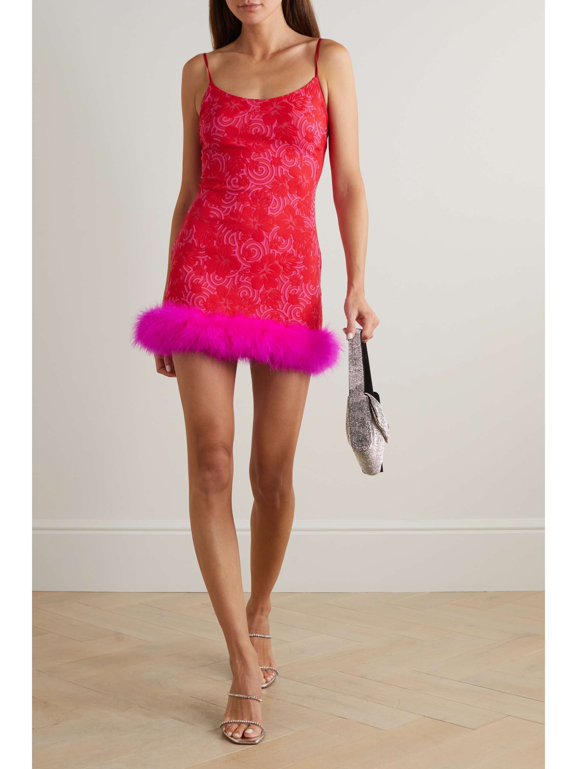 LESLIE AMON Laurie feather-trimmed stretch jacquard-knit mini dress