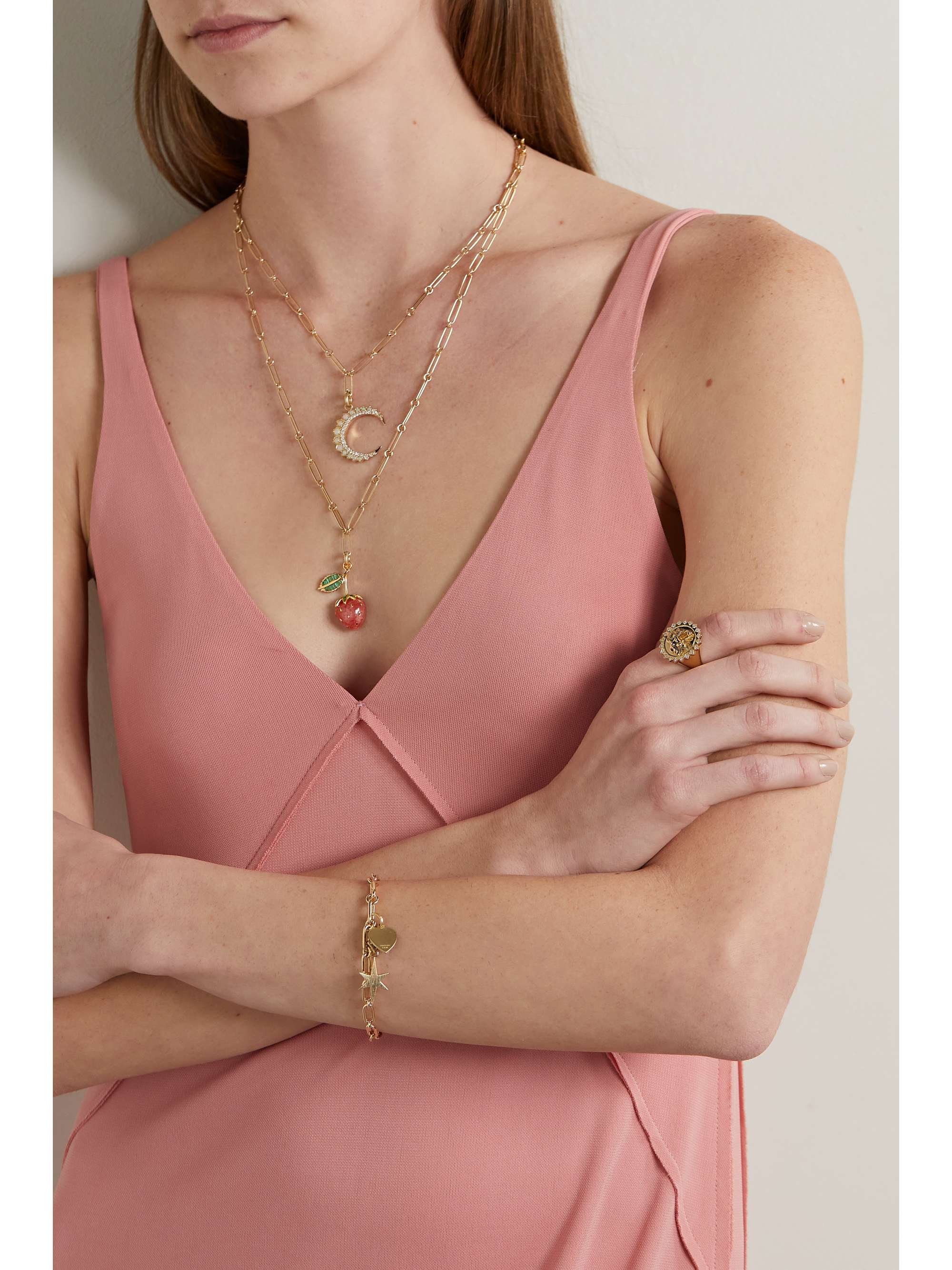 STORROW Grover + Strawberry 14-karat gold, rhodochrosite and emerald necklace