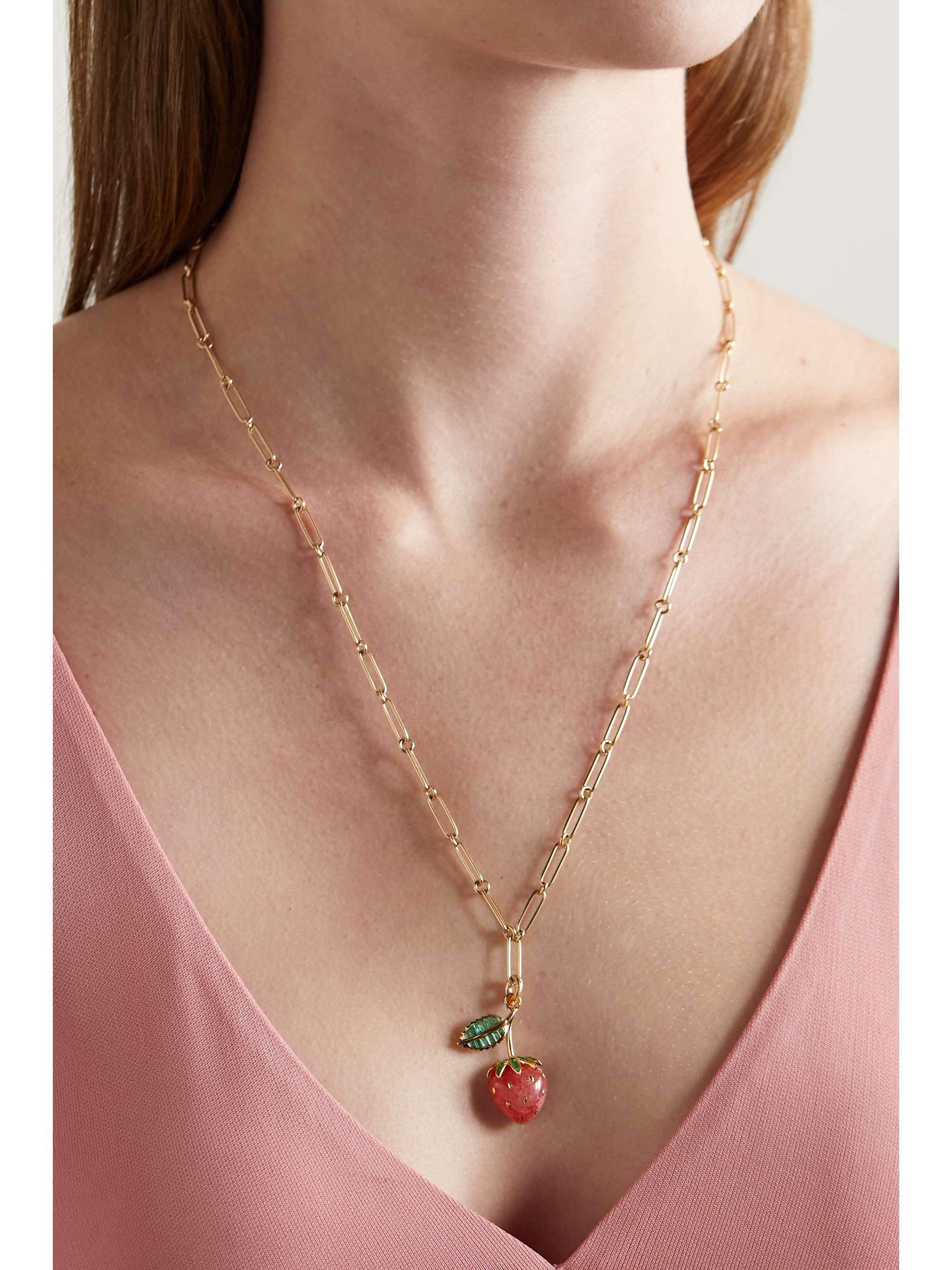 STORROW Grover + Strawberry 14-karat gold, rhodochrosite and emerald necklace