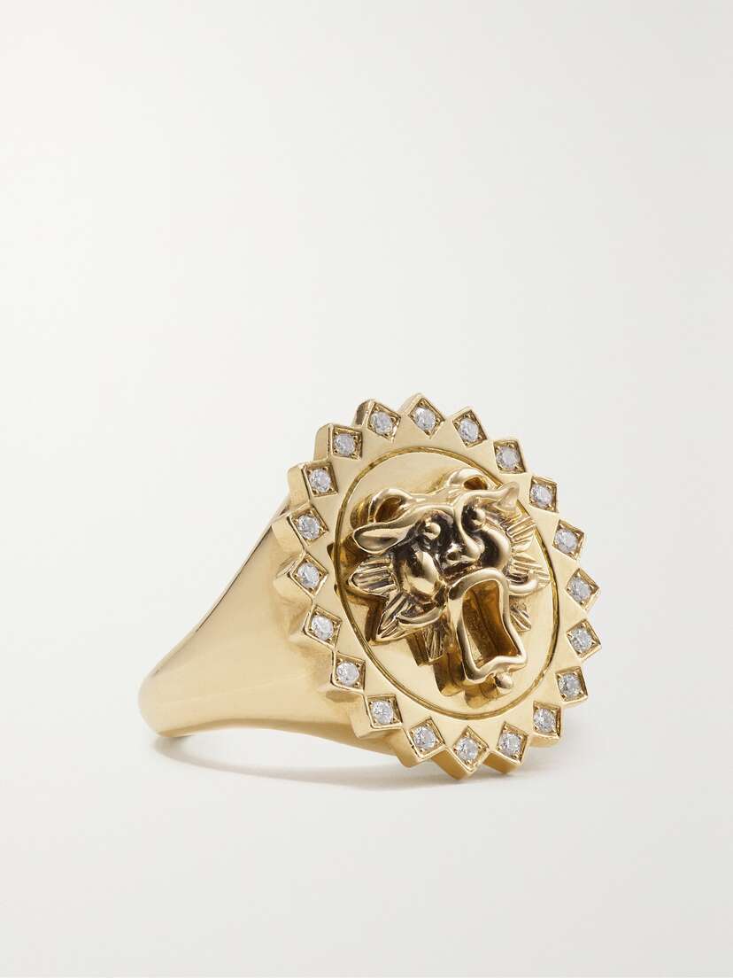 Storrow Leo Lion 14-karat Gold Diamond Signet Ring