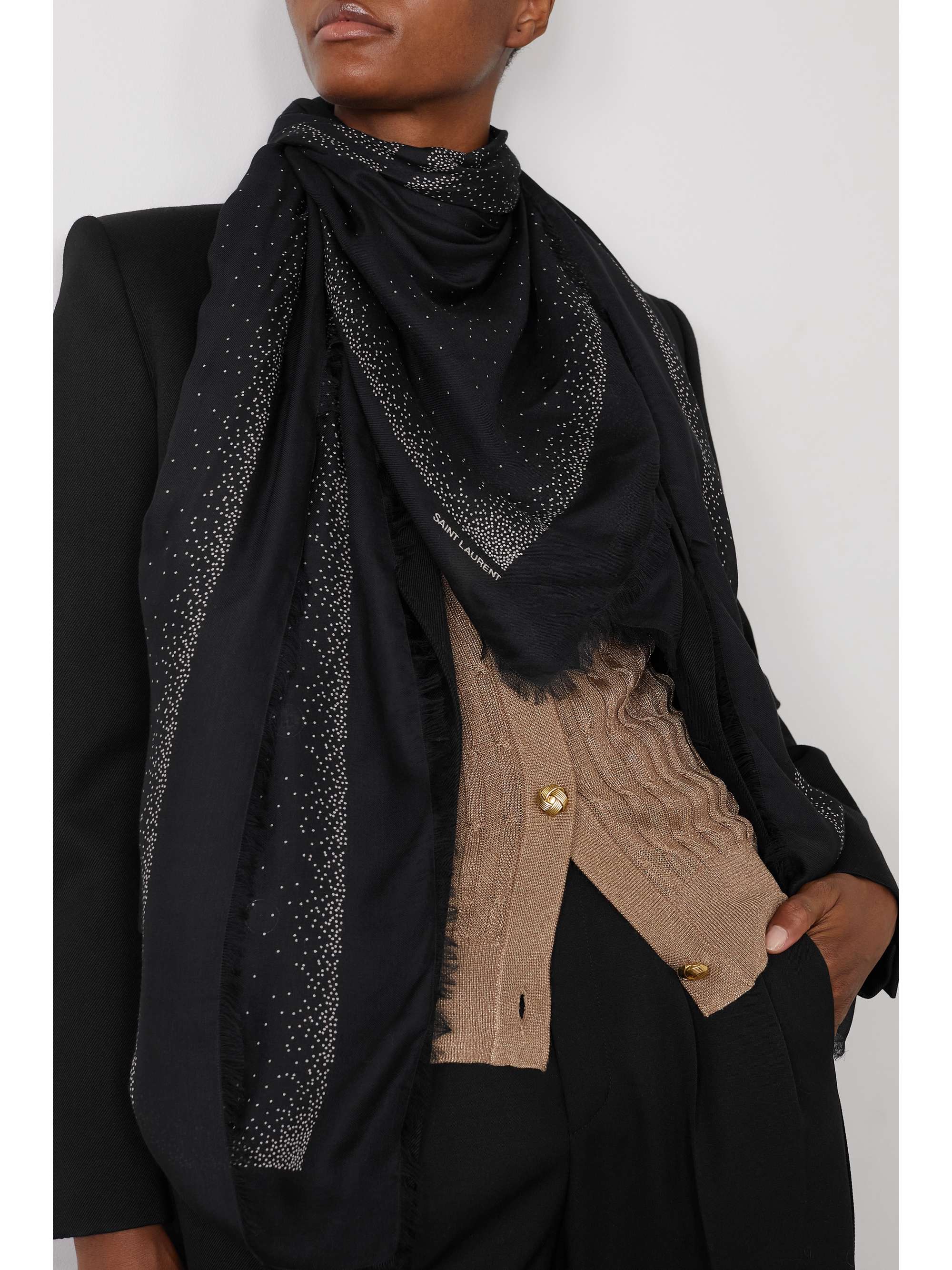 Logo-jacquard fringed modal and cashmere-blend scarf