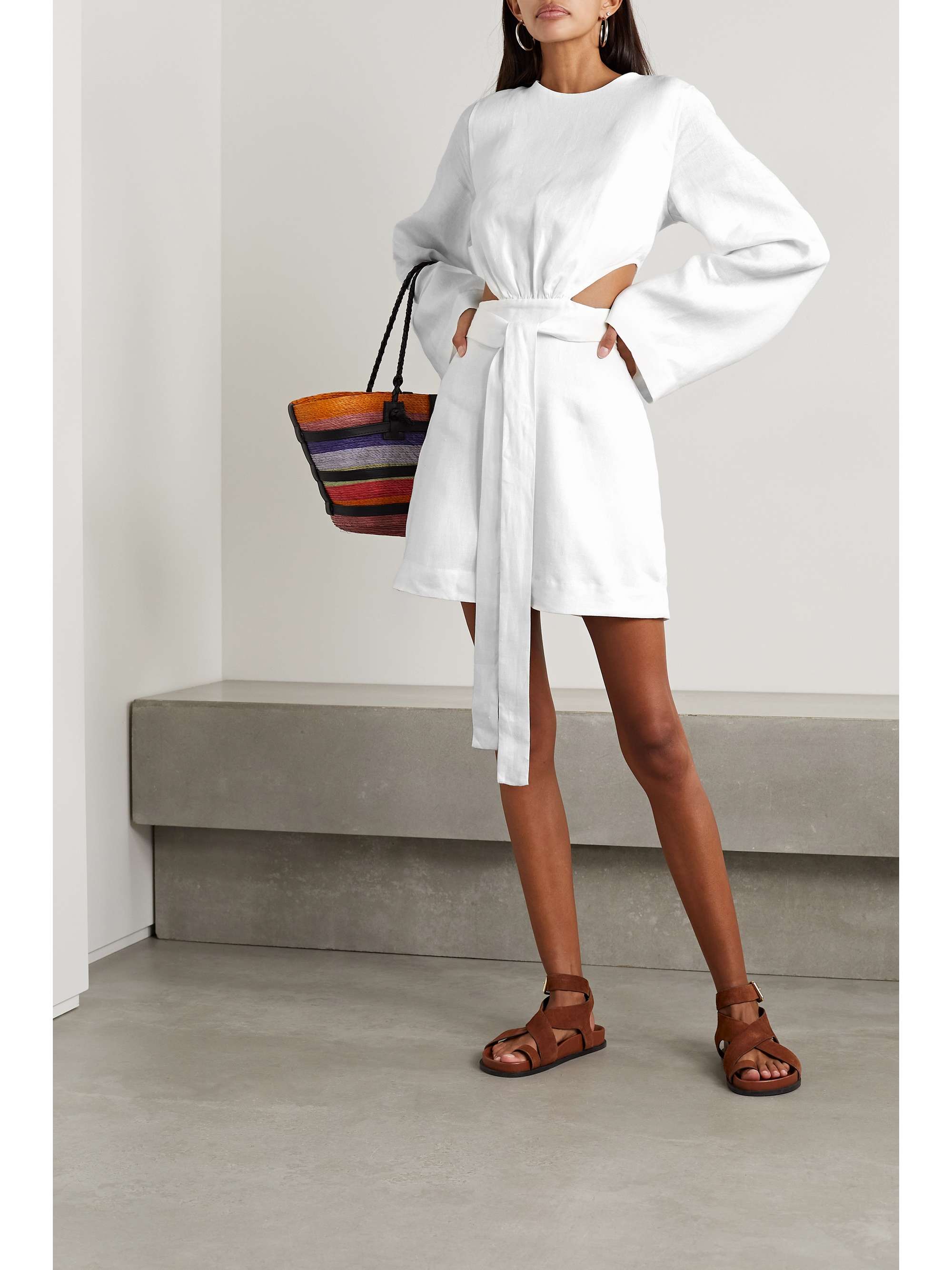 BONDI BORN Rinca belted cutout linen mini dress