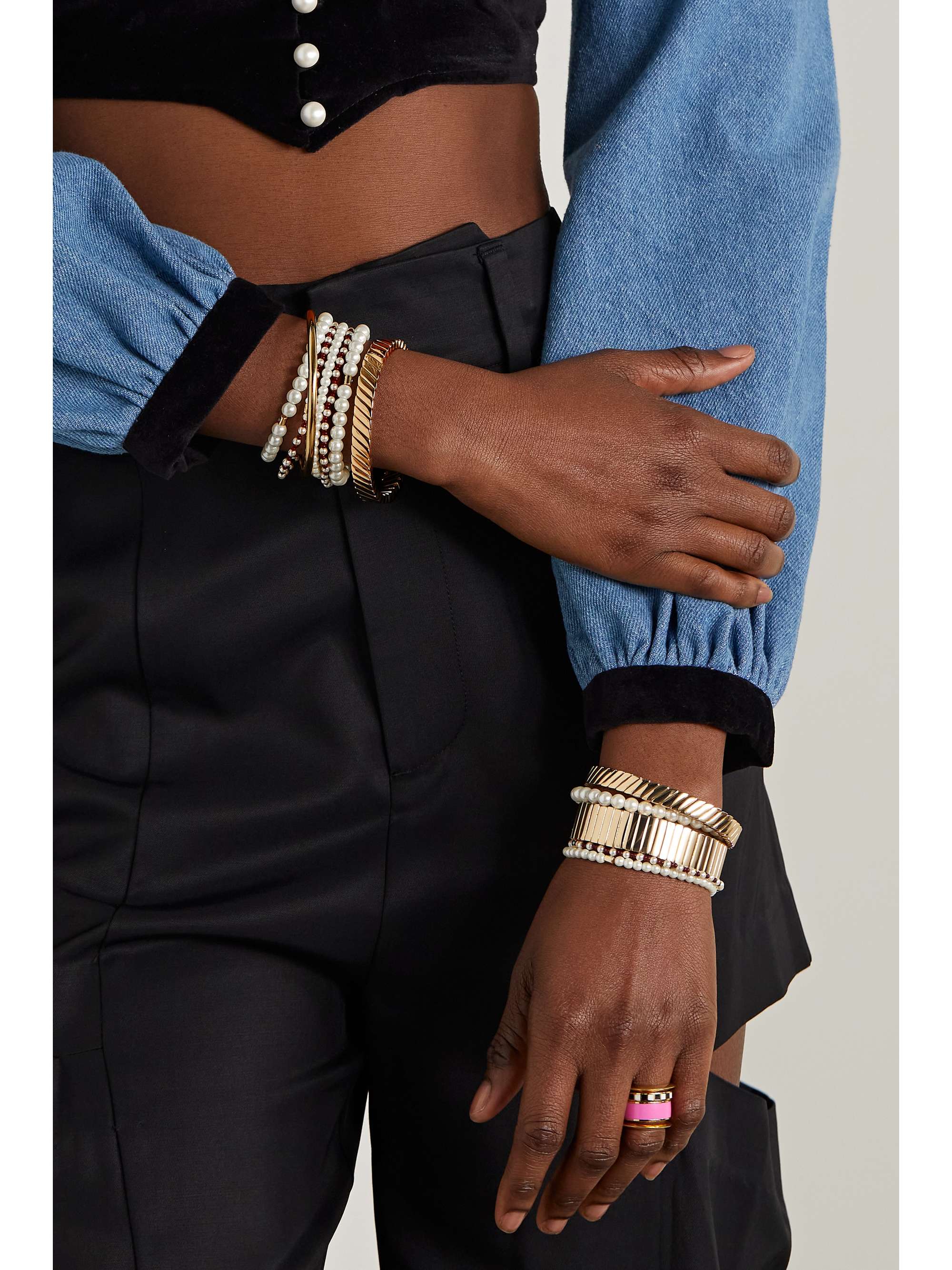 ROXANNE ASSOULIN Set of eight faux pearl, glass and gold-tone bracelets