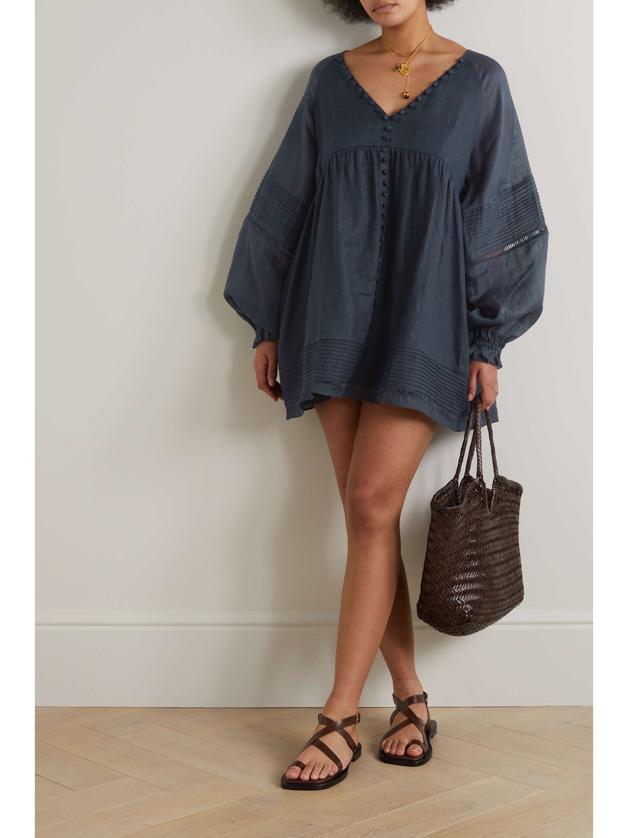 Lillian 5.0 button-embellished pintucked linen mini dress