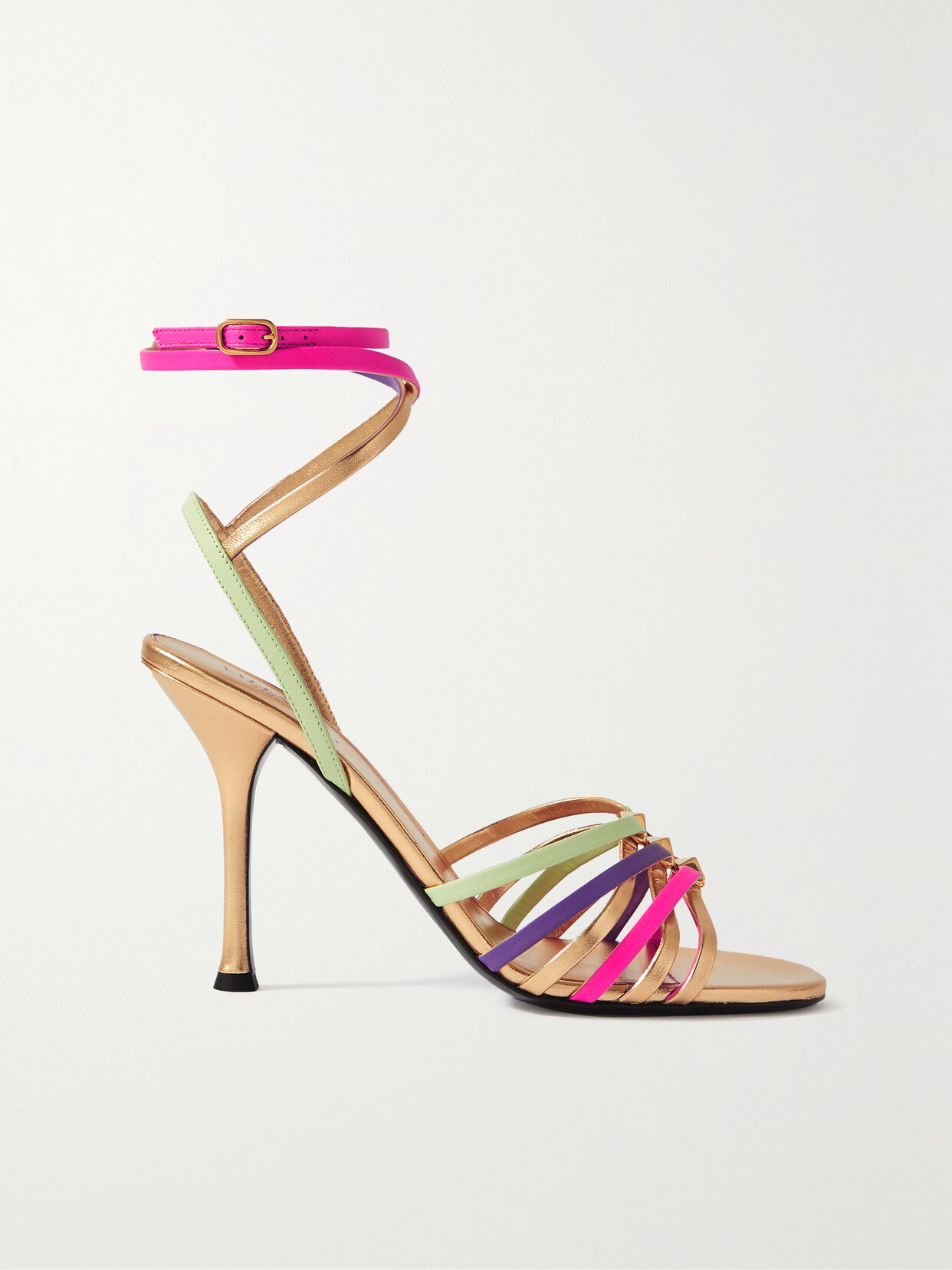 VALENTINO GARAVANI ROCKSTUD STRAPPY 100 METALLIC LEATHER SANDALS