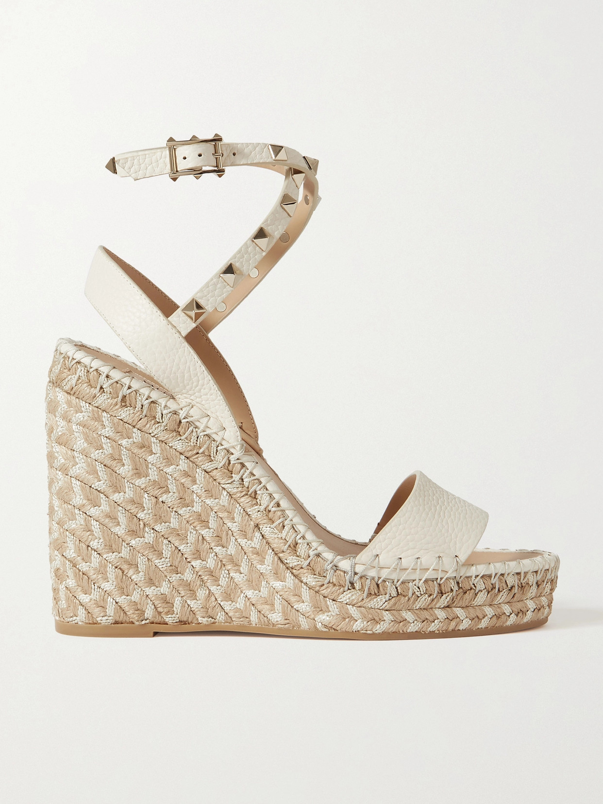 Valentino Garavani Rockstud 125 Textured-leather Espadrille Wedge Sandals - Ivory