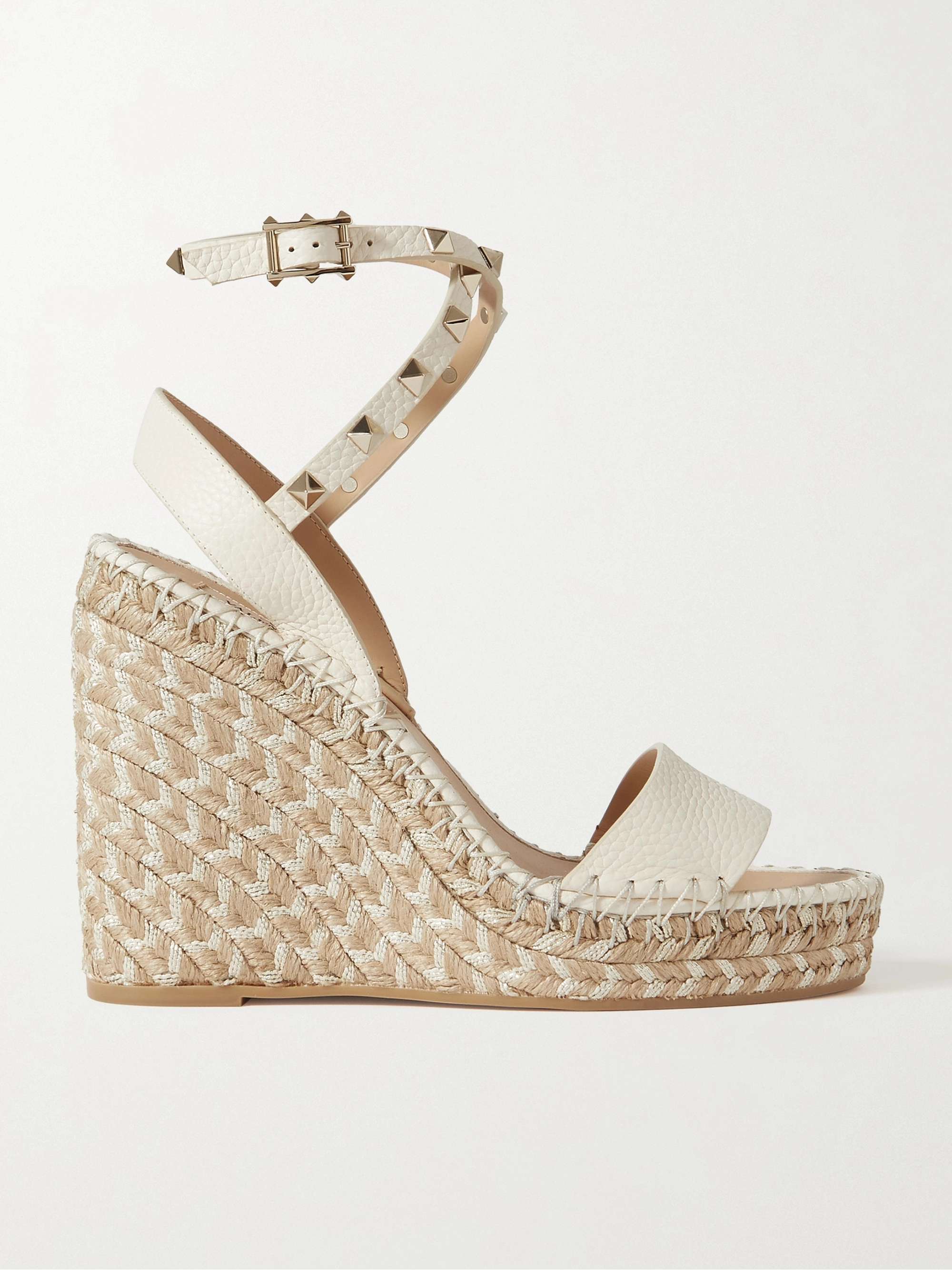 VALENTINO GARAVANI Rockstud 125 textured-leather espadrille wedge ...