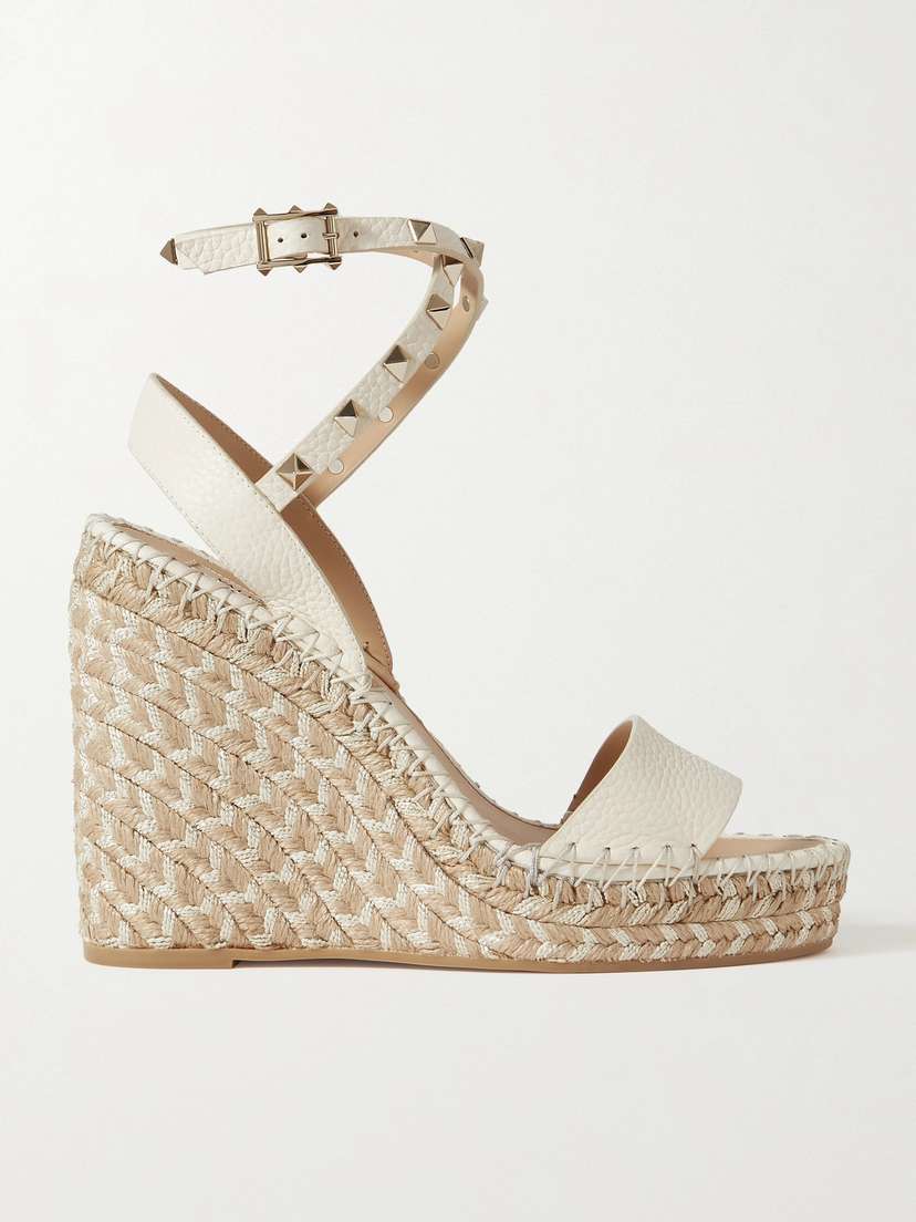 Valentino Garavani Rockstud 125 Textured-leather Espadrille Wedge Sandals