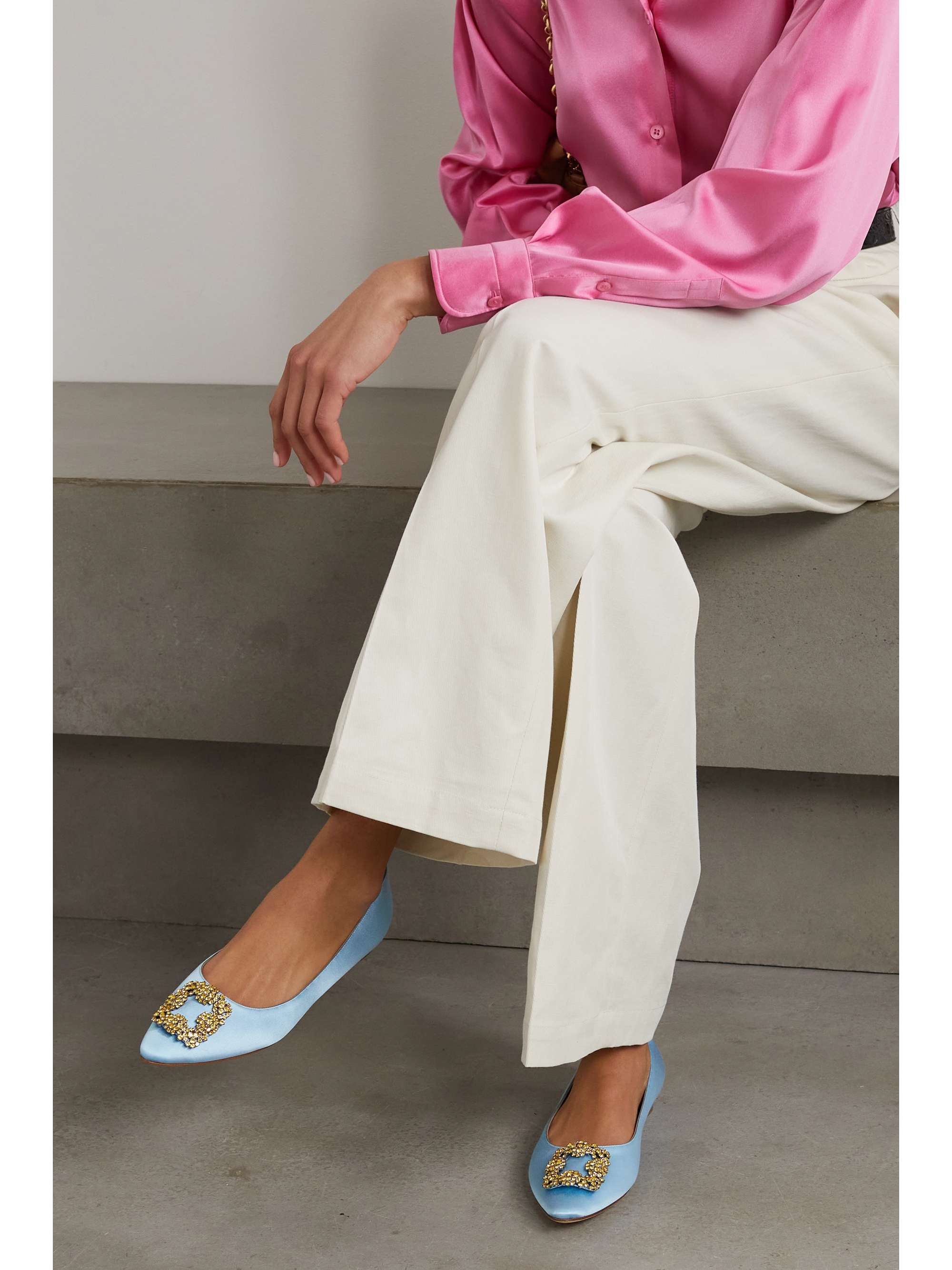 MANOLO BLAHNIK Hangisi crystal-embellished satin point-toe flats