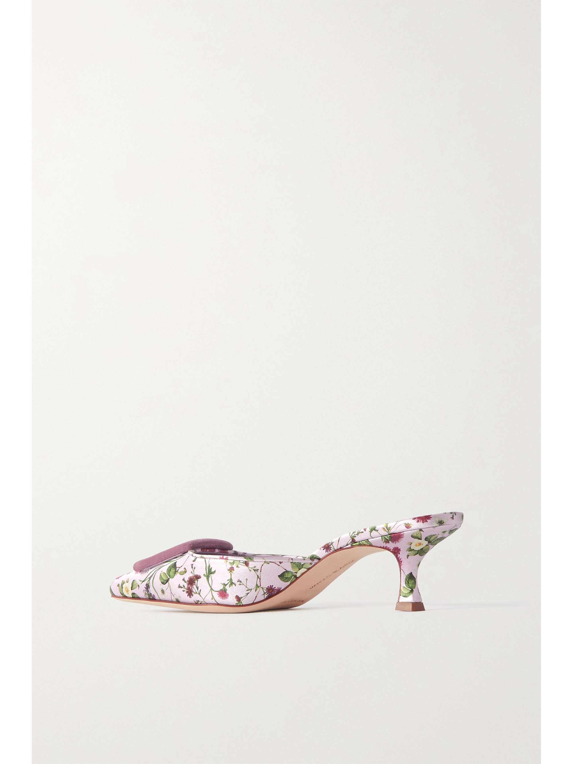 MANOLO BLAHNIK Maysalebi 50 Mules aus Satin mit Blumenprint und Velourslederbesatz