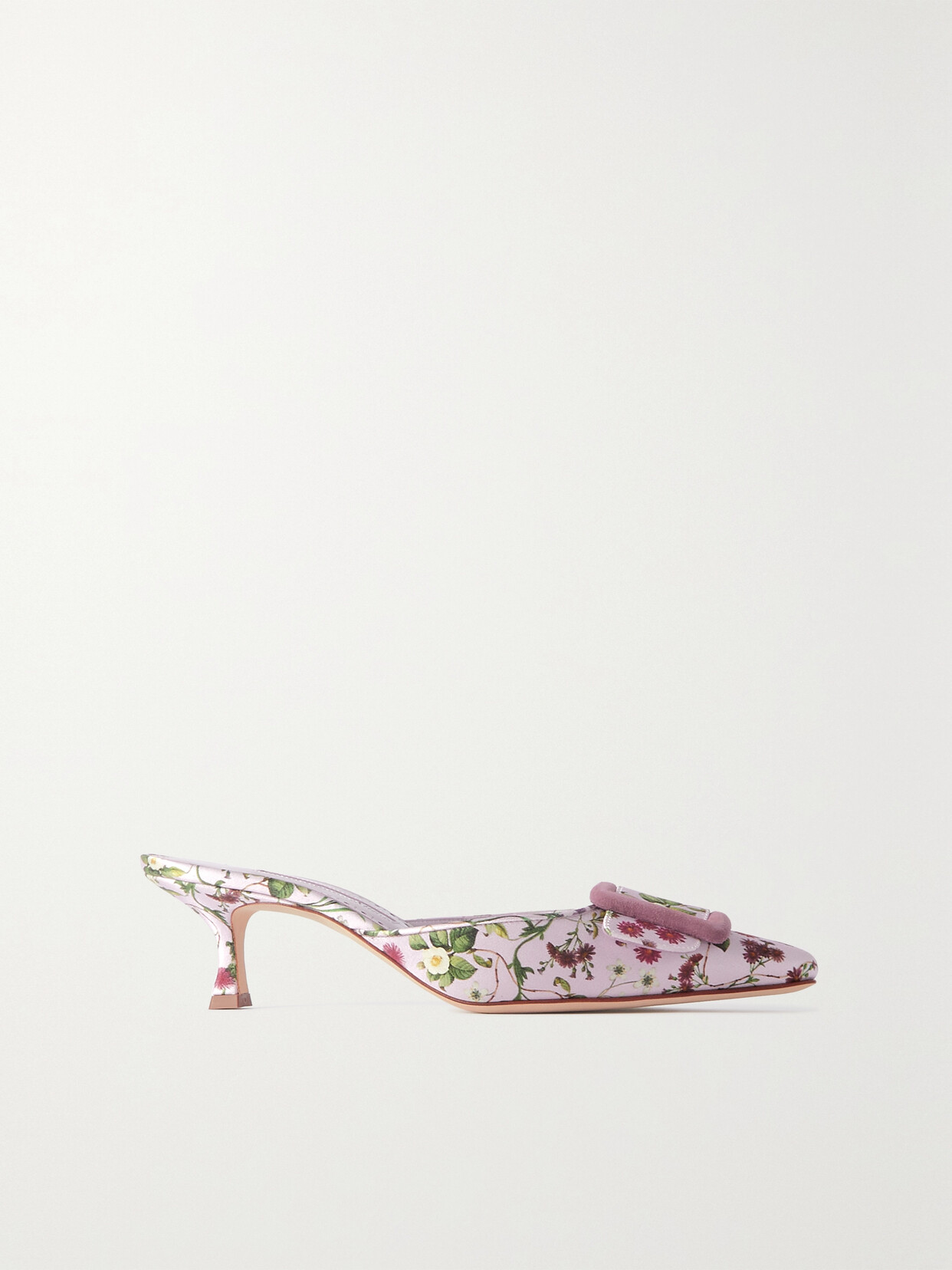 Manolo Blahnik - Maysalebi 50 Suede-trimmed Floral-print Satin Mules - Purple