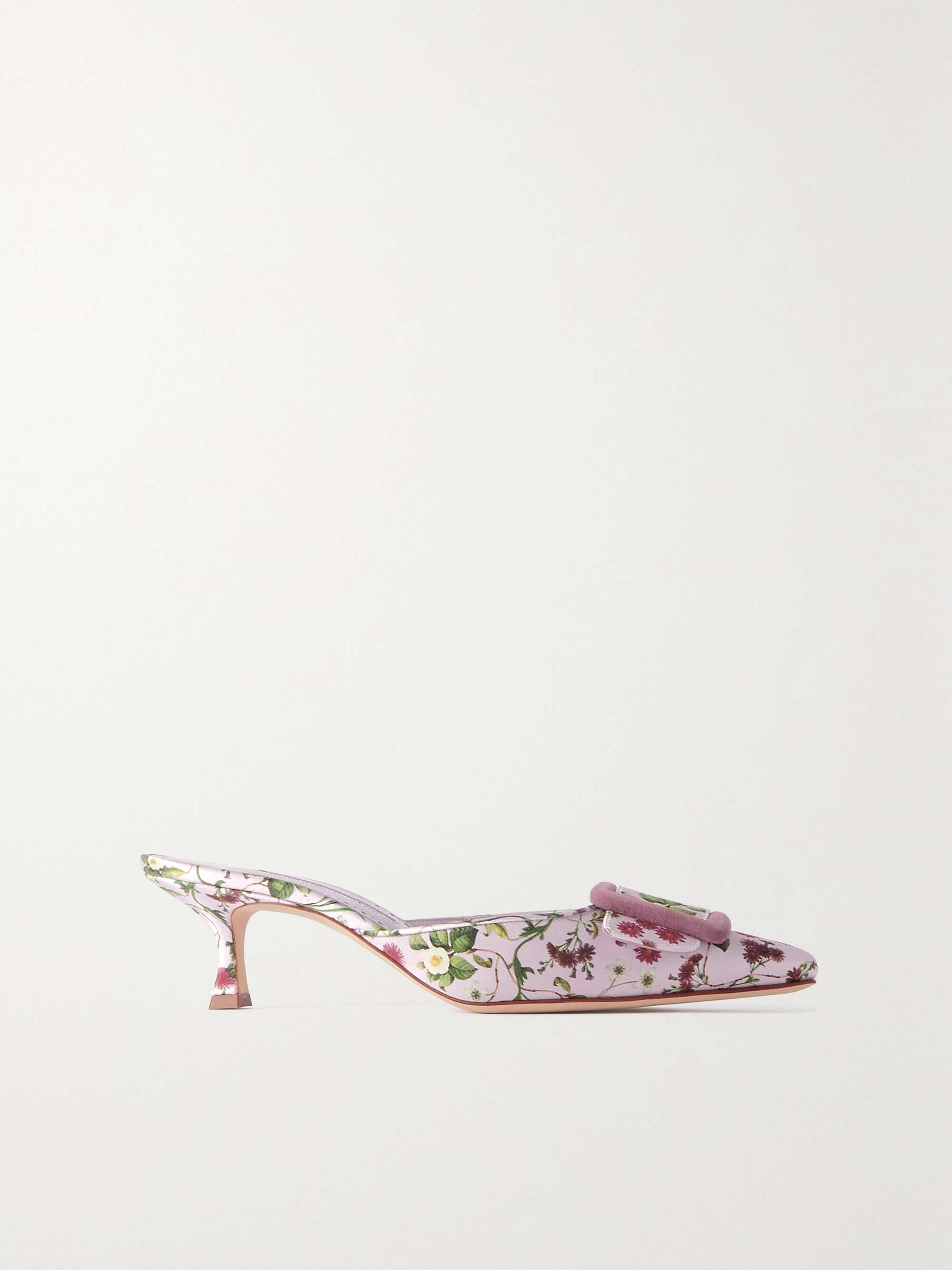 MANOLO BLAHNIK Maysalebi 50 suede-trimmed floral-print satin mules ...