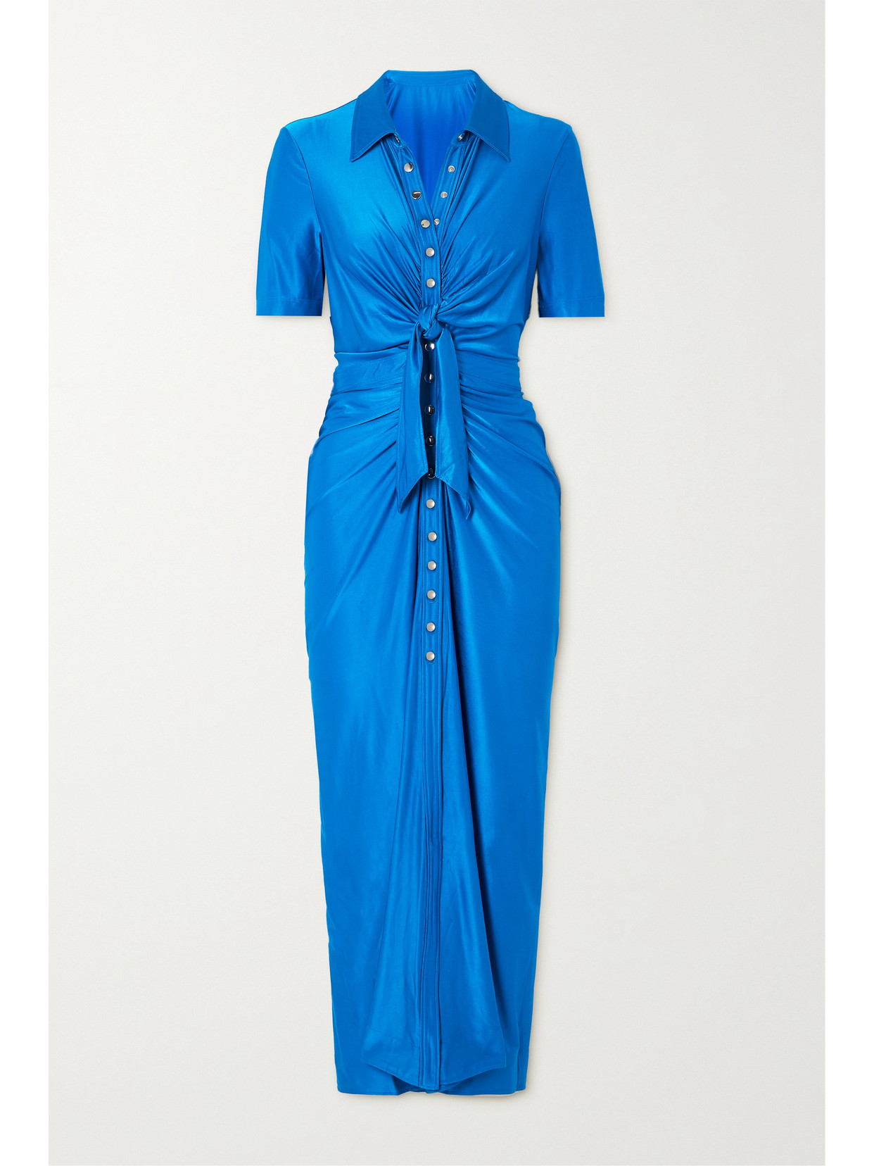 Paco Rabanne - Tie-front Ruched Metallic Stretch-jersey Midi Dress - Blue