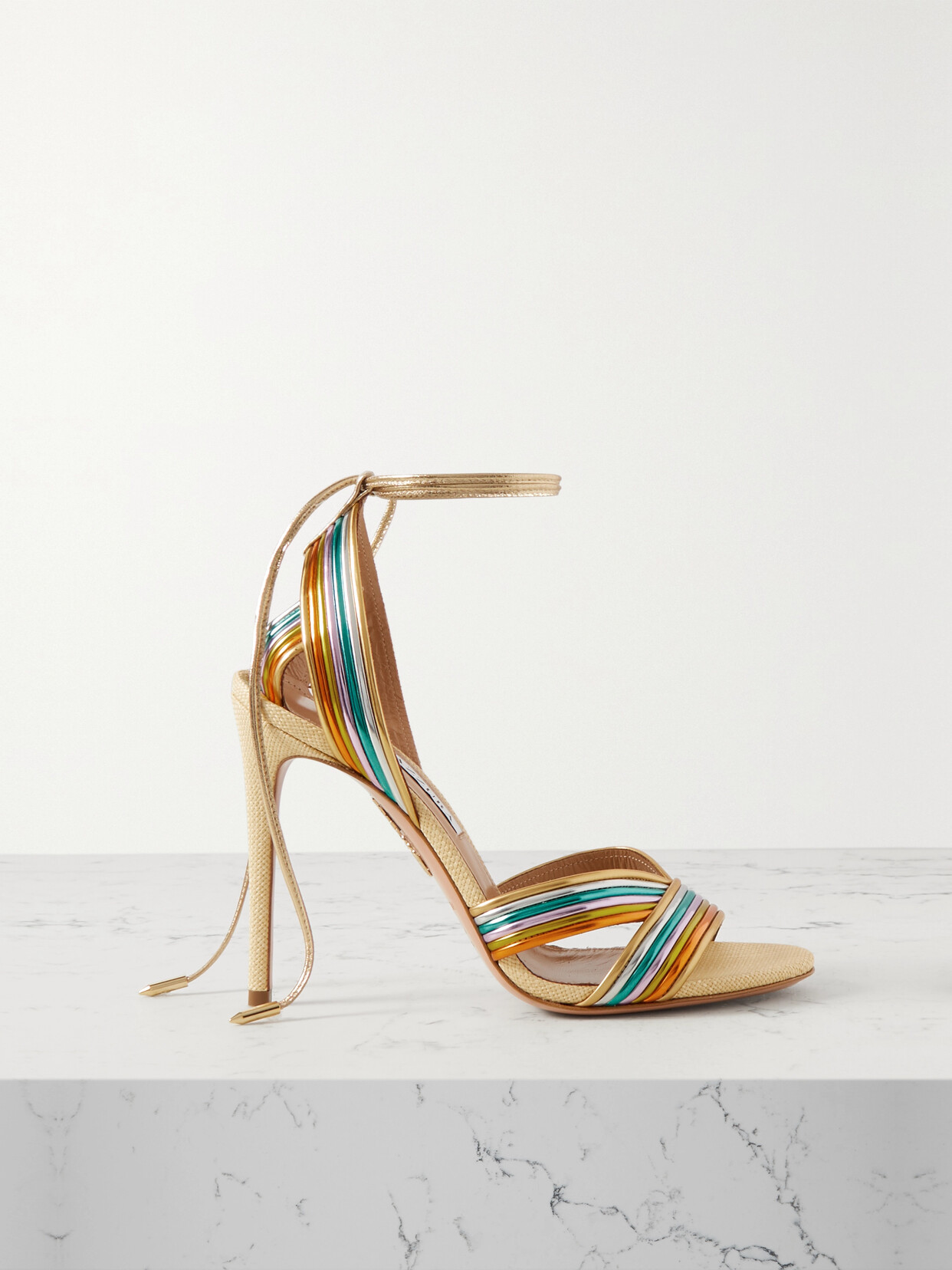 Aquazzura - Ari 105 Metallic Leather And Raffia Sandals - Gold