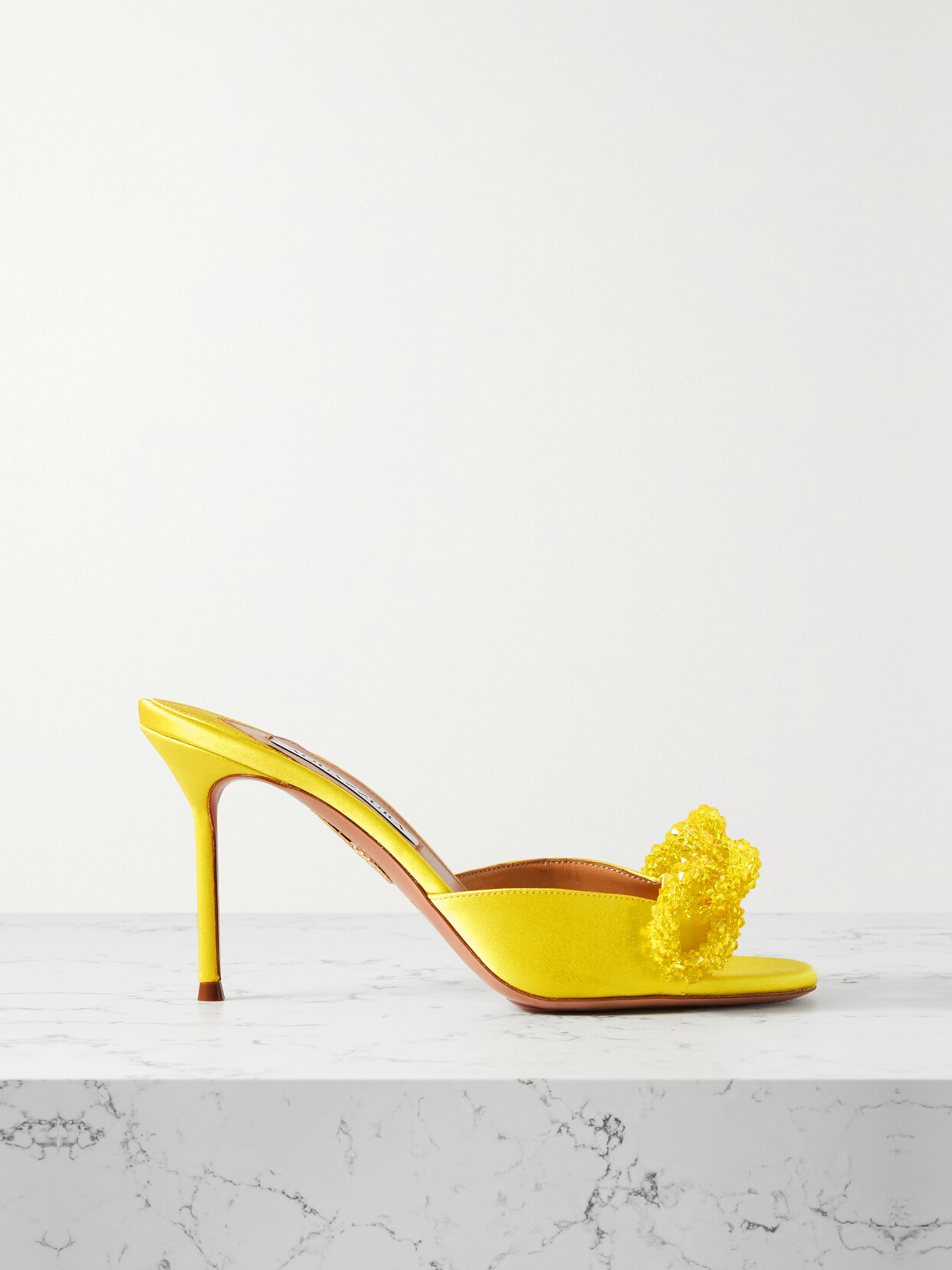 Aquazzura - Chain Of Love 85 Crystal-embellished Satin Mules - Yellow