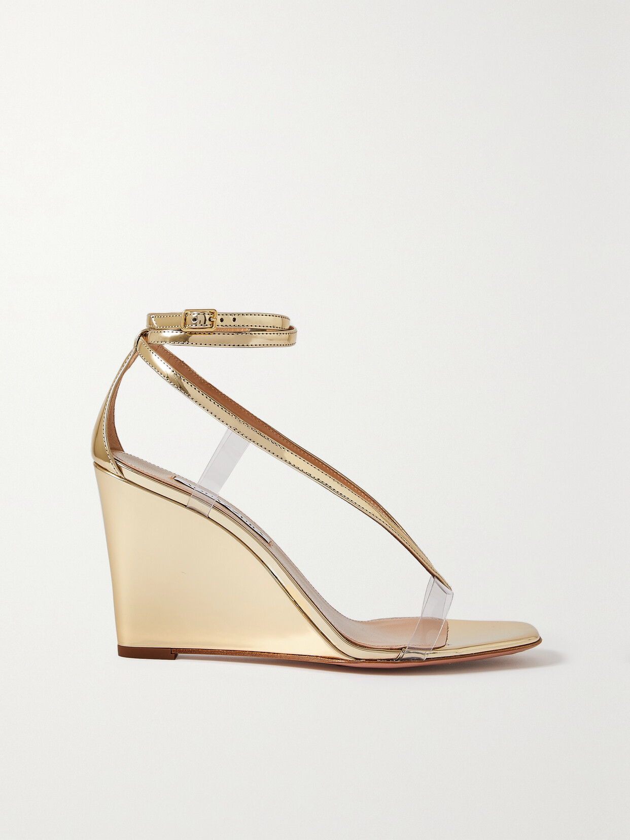 Aquazzura Illusions Plexi 85 Pvc-trimmed Mirrored-leather Wedge Sandals - Gold