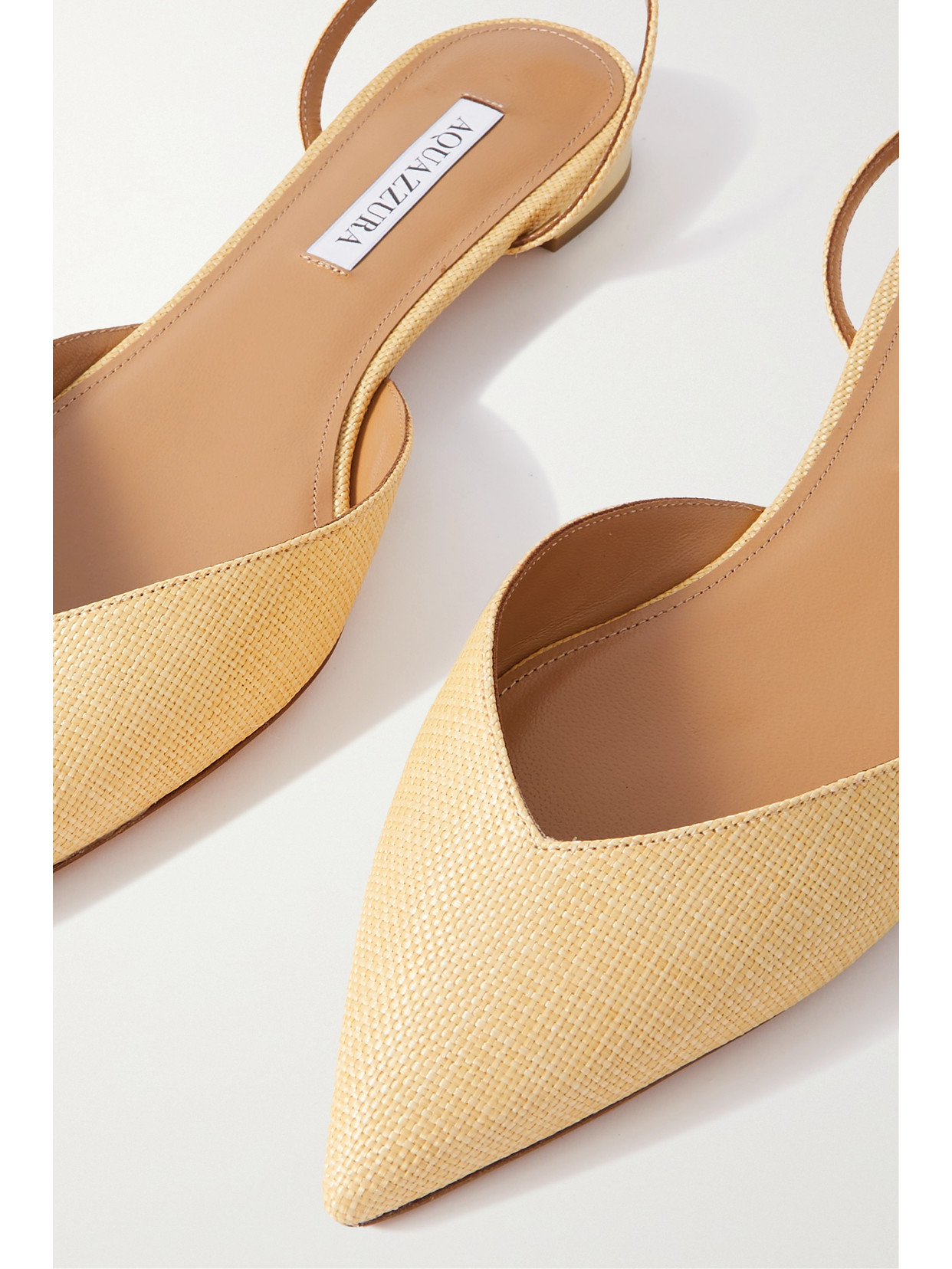 Aquazzura Beyond Leather-trimmed Woven Raffia Point-toe Flats In Neutrals