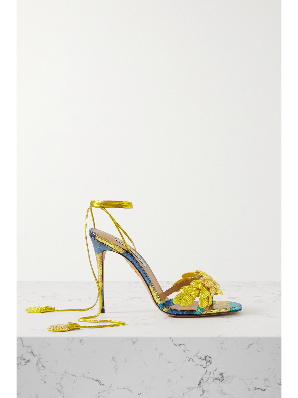 Aquazzura - Galactic Flower 105 Crystal-embellished Suede And Metallic Leather Sandals - Blue