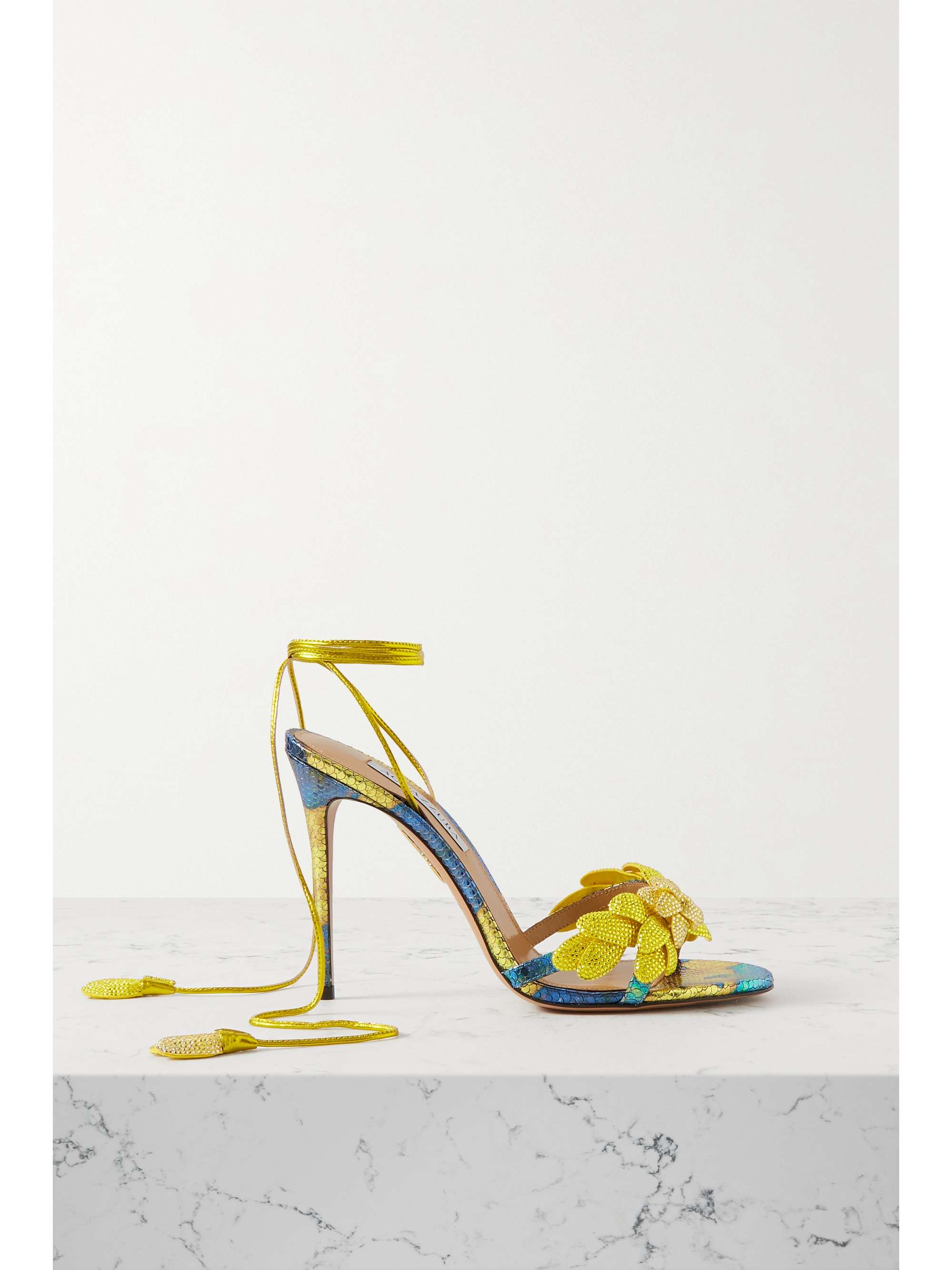 AQUAZZURA Galactic Flower 105 crystal-embellished suede and metallic ...