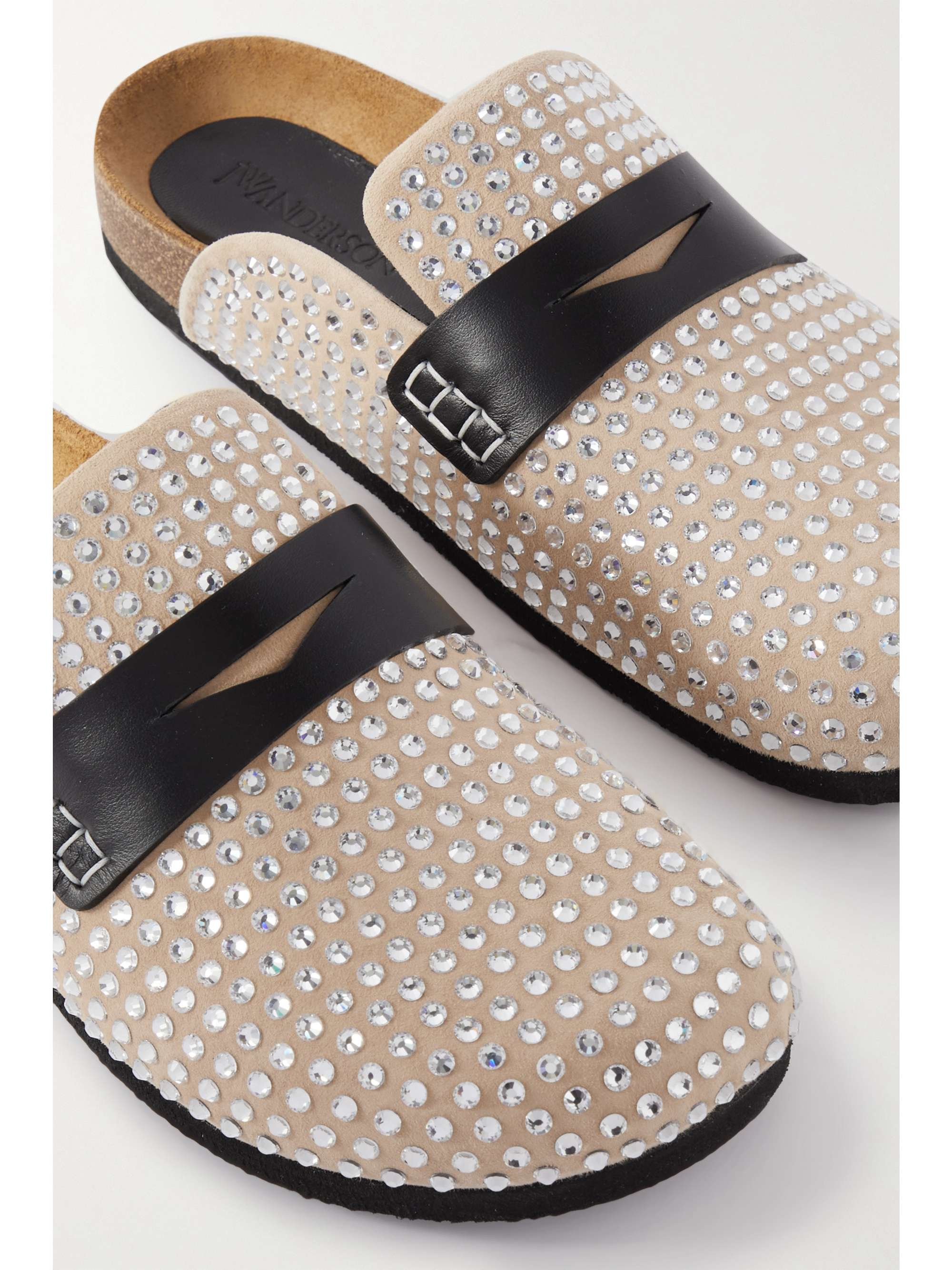 JW ANDERSON Leather-trimmed crystal-embellished suede slippers