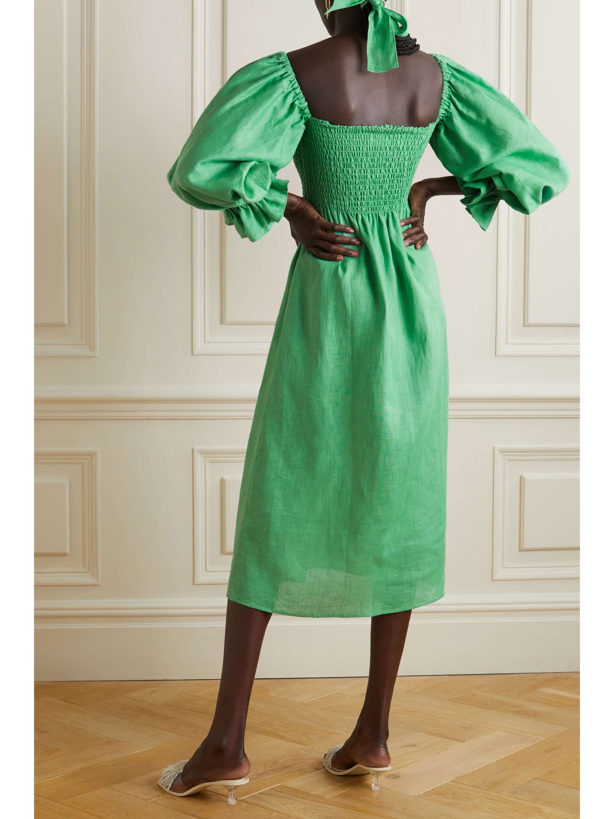 SLEEPER + NET SUSTAIN Atlanta offtheshoulder shirred linen midi dress