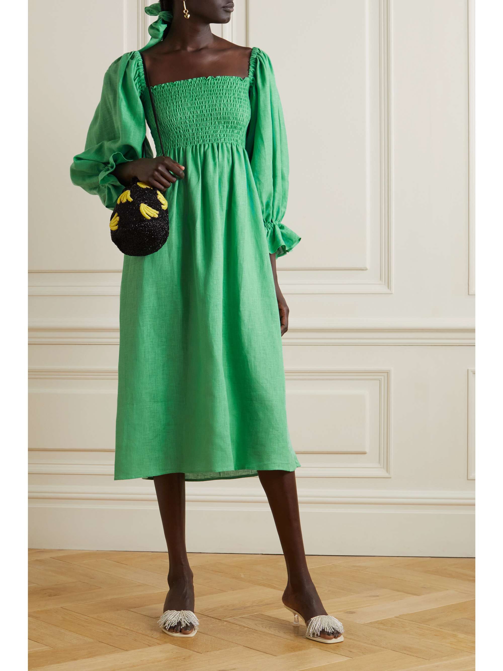 SLEEPER + NET SUSTAIN Atlanta offtheshoulder shirred linen midi dress