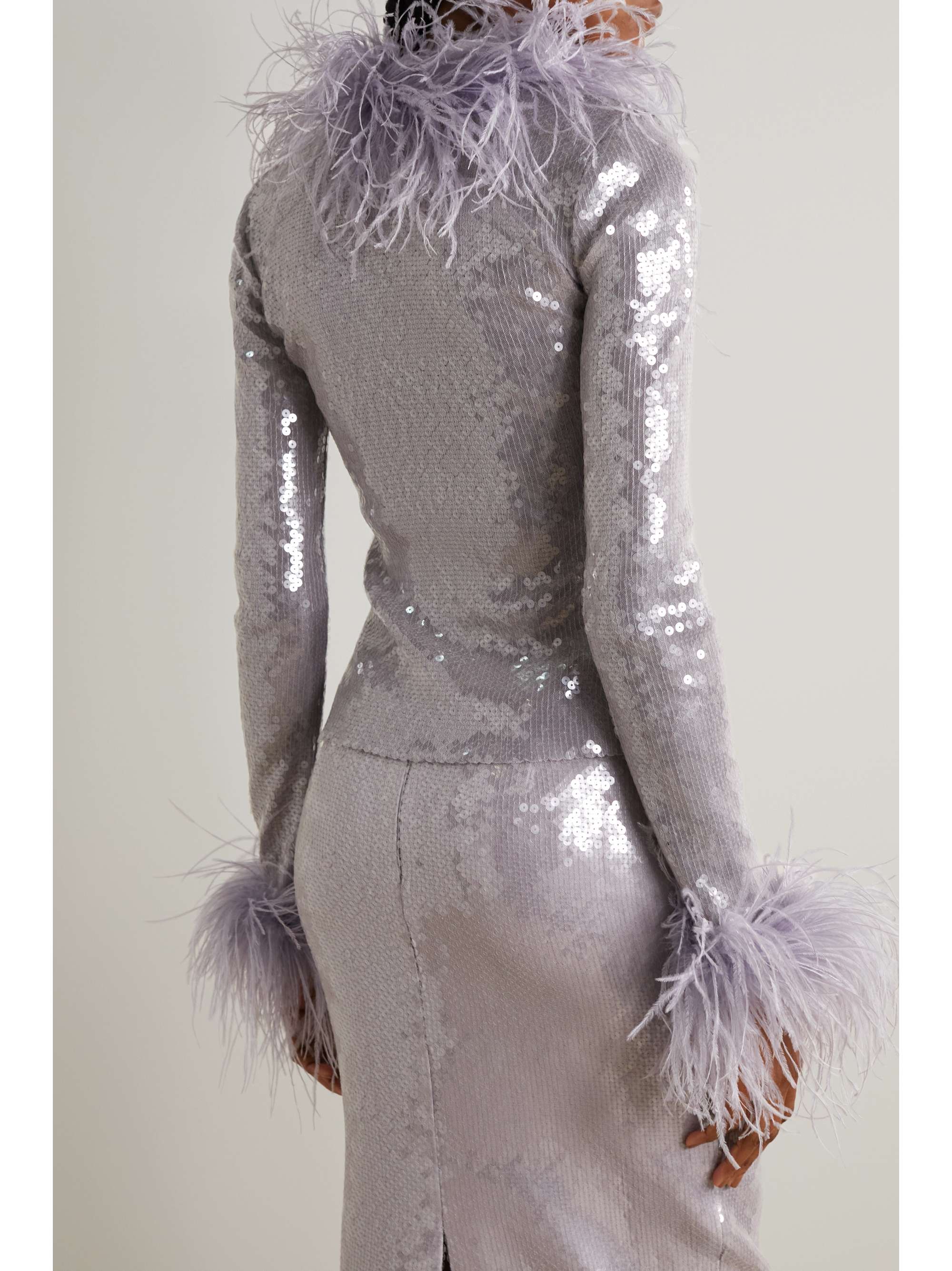 16ARLINGTON Pendall feather-trimmed sequined stretch-tulle top