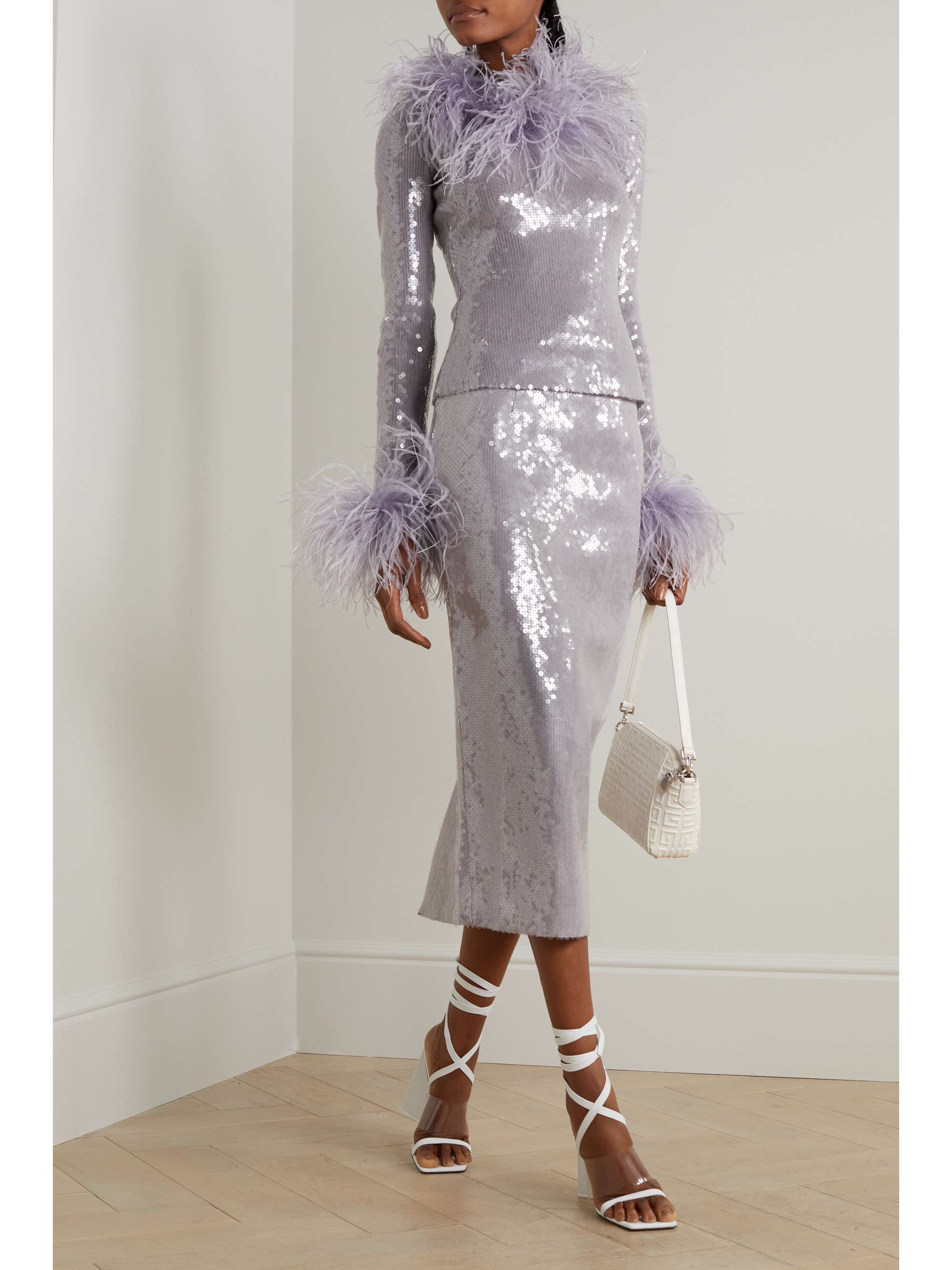 16ARLINGTON Pendall feather-trimmed sequined stretch-tulle top
