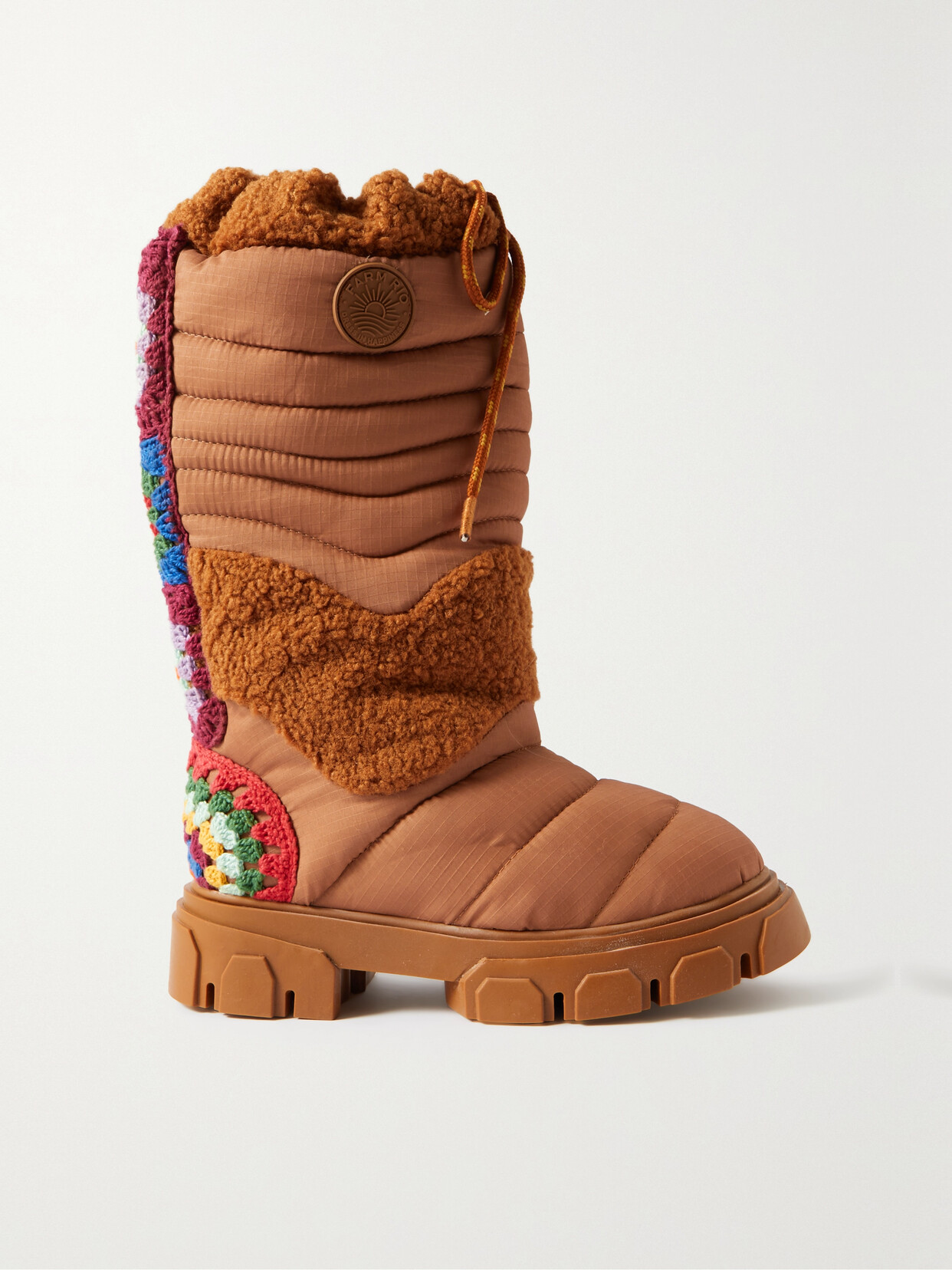 Farm Rio - Appliquéd Crochet And Faux Shearling-trimmed Padded Shell Boots - Neutrals