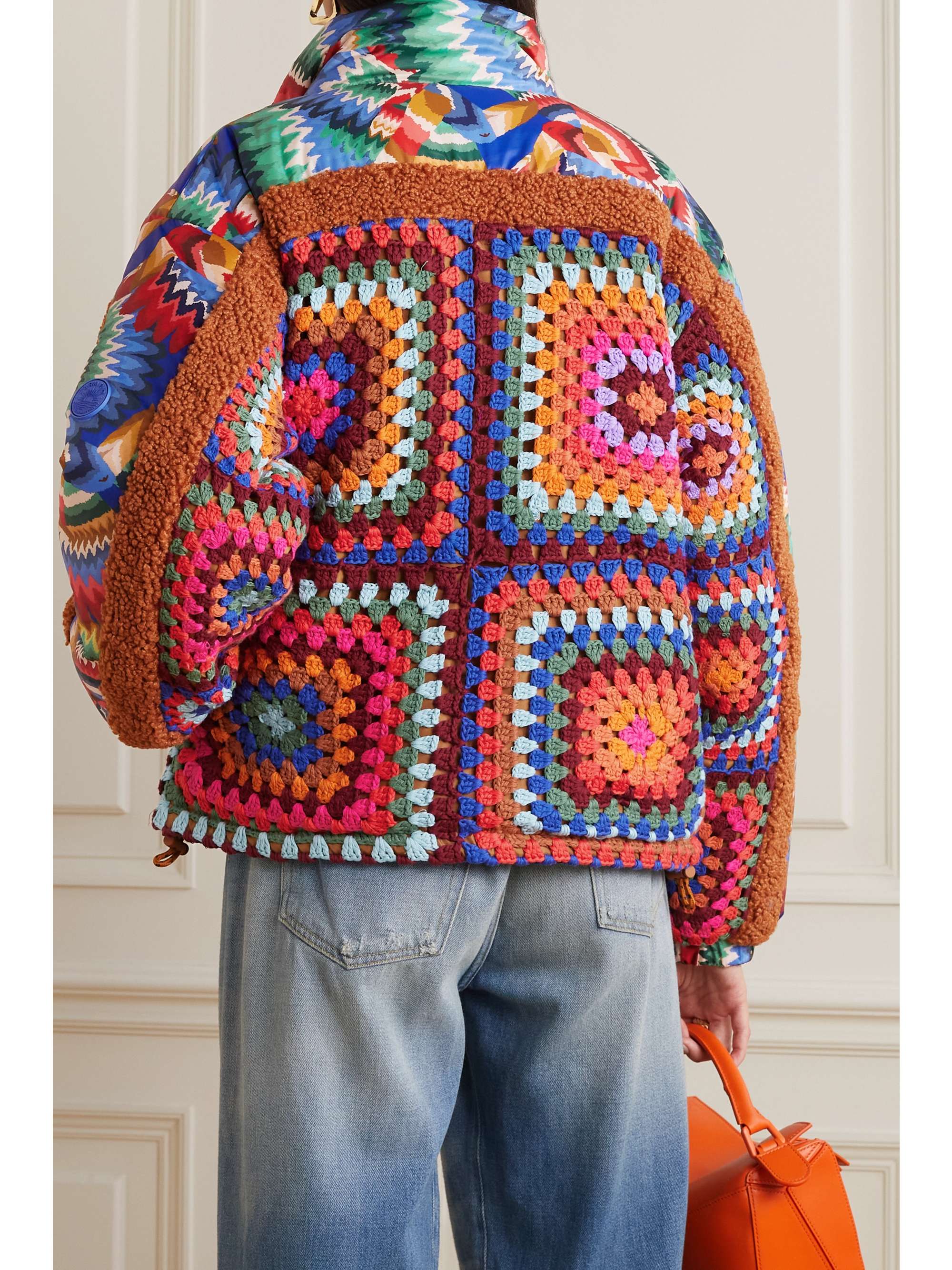FARM RIO Forest reversible bouclé-trimmed printed shell and crocheted cotton jacket