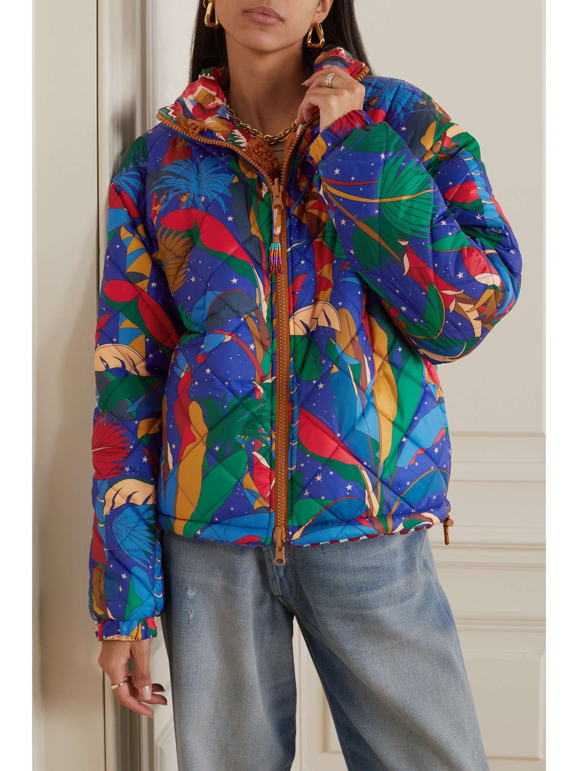 FARM RIO Forest reversible bouclé-trimmed printed shell and crocheted cotton jacket