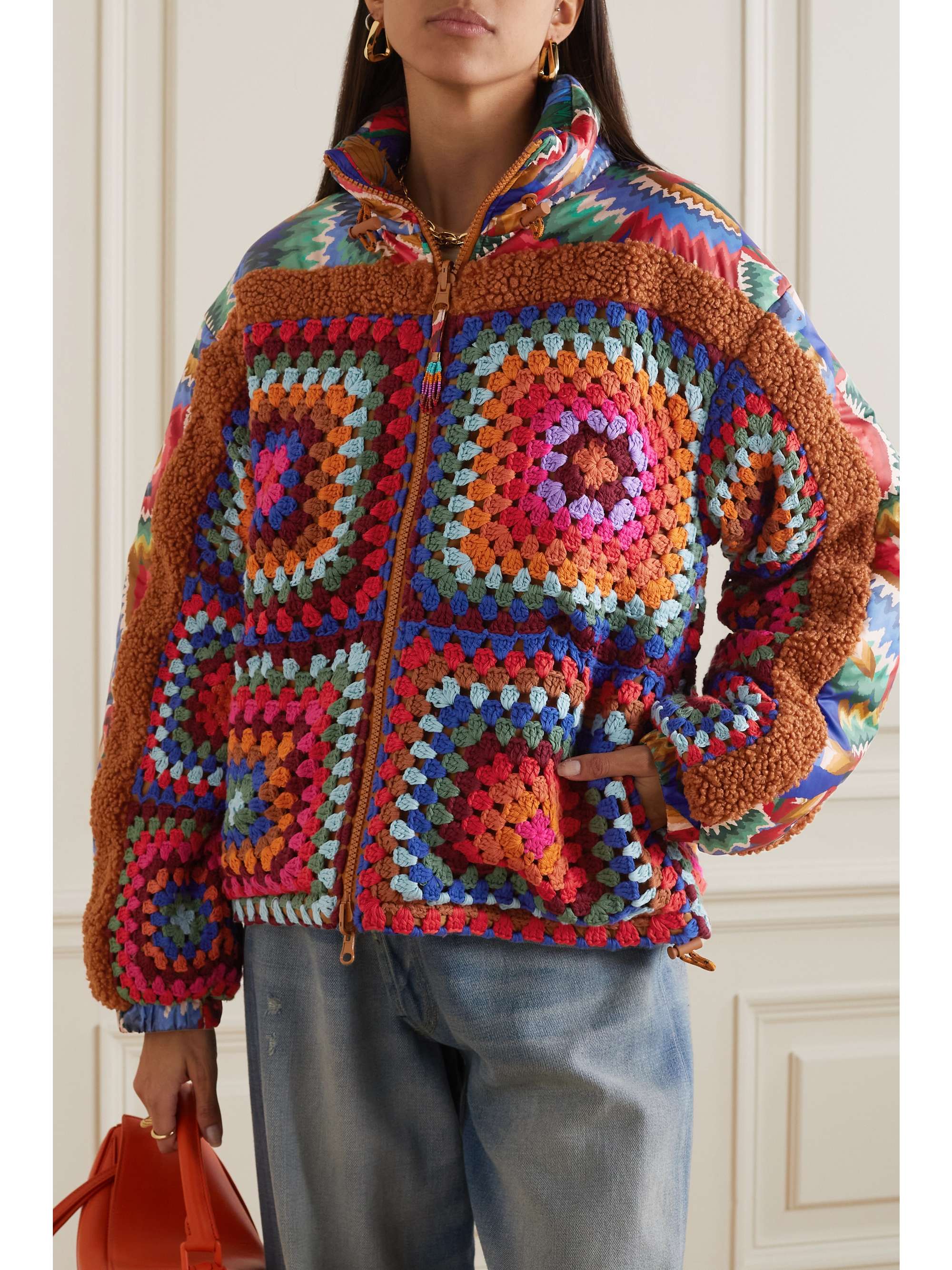 FARM RIO Forest reversible bouclé-trimmed printed shell and crocheted cotton jacket