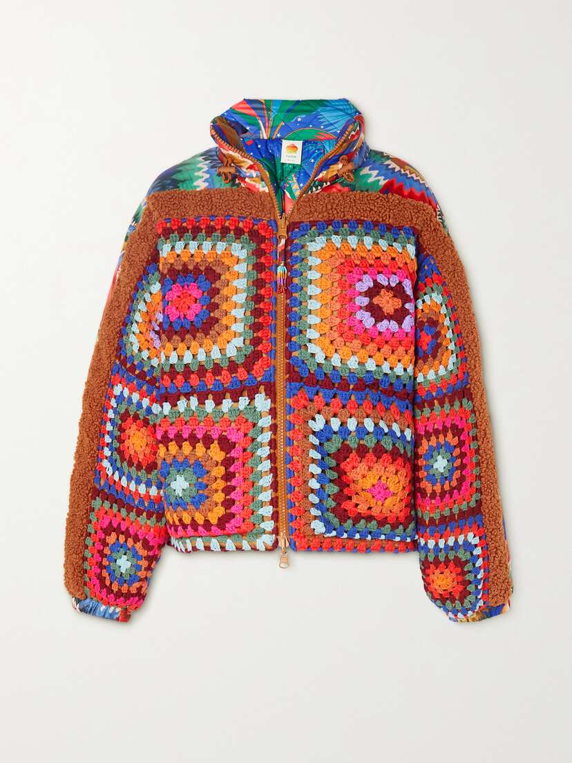 Farm Rio Forest Reversible Bouclé-trimmed Printed Shell And Crocheted Cotton Jacket