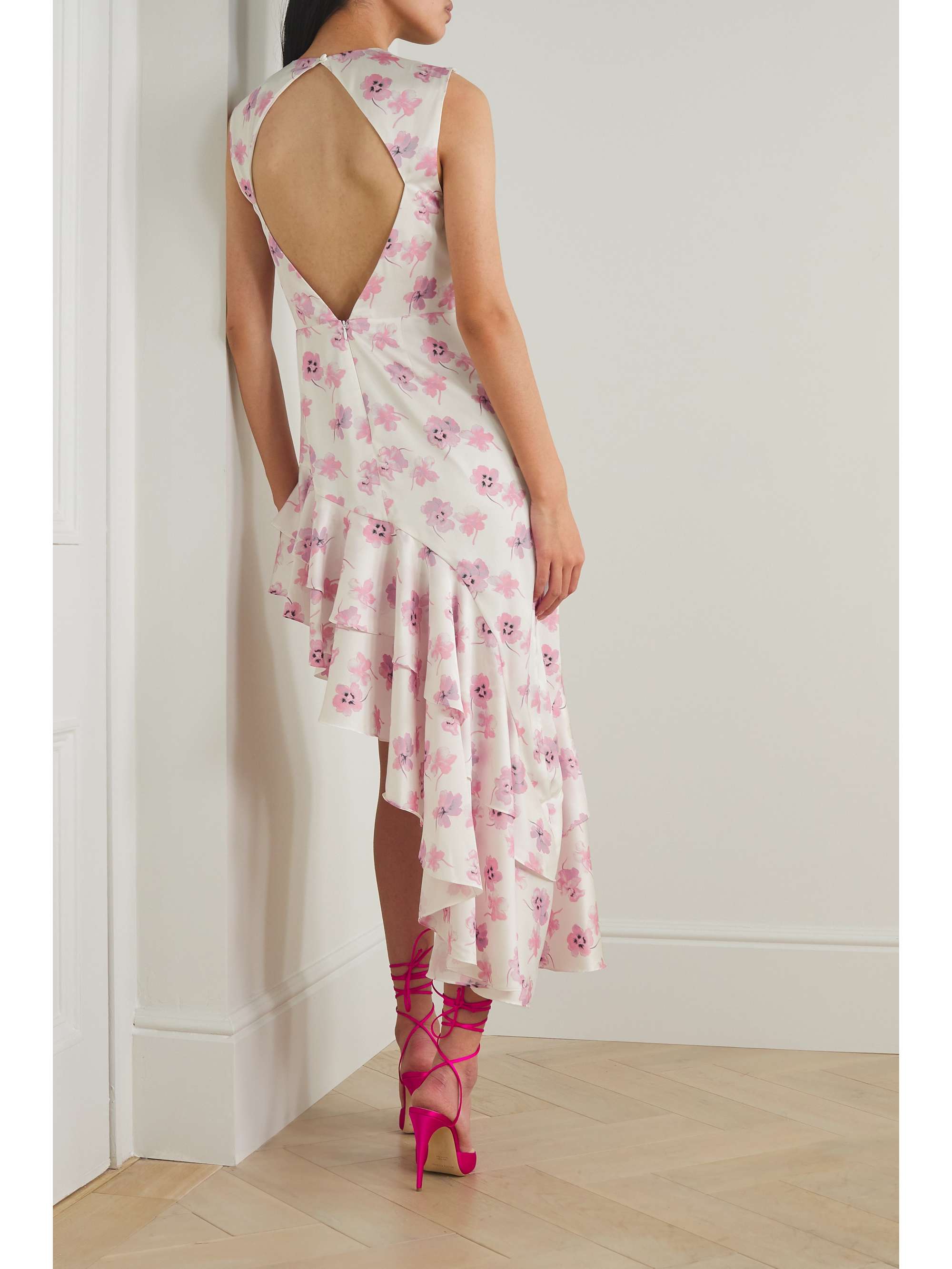 LES RÊVERIES Open-back asymmetric floral-print satin midi dress