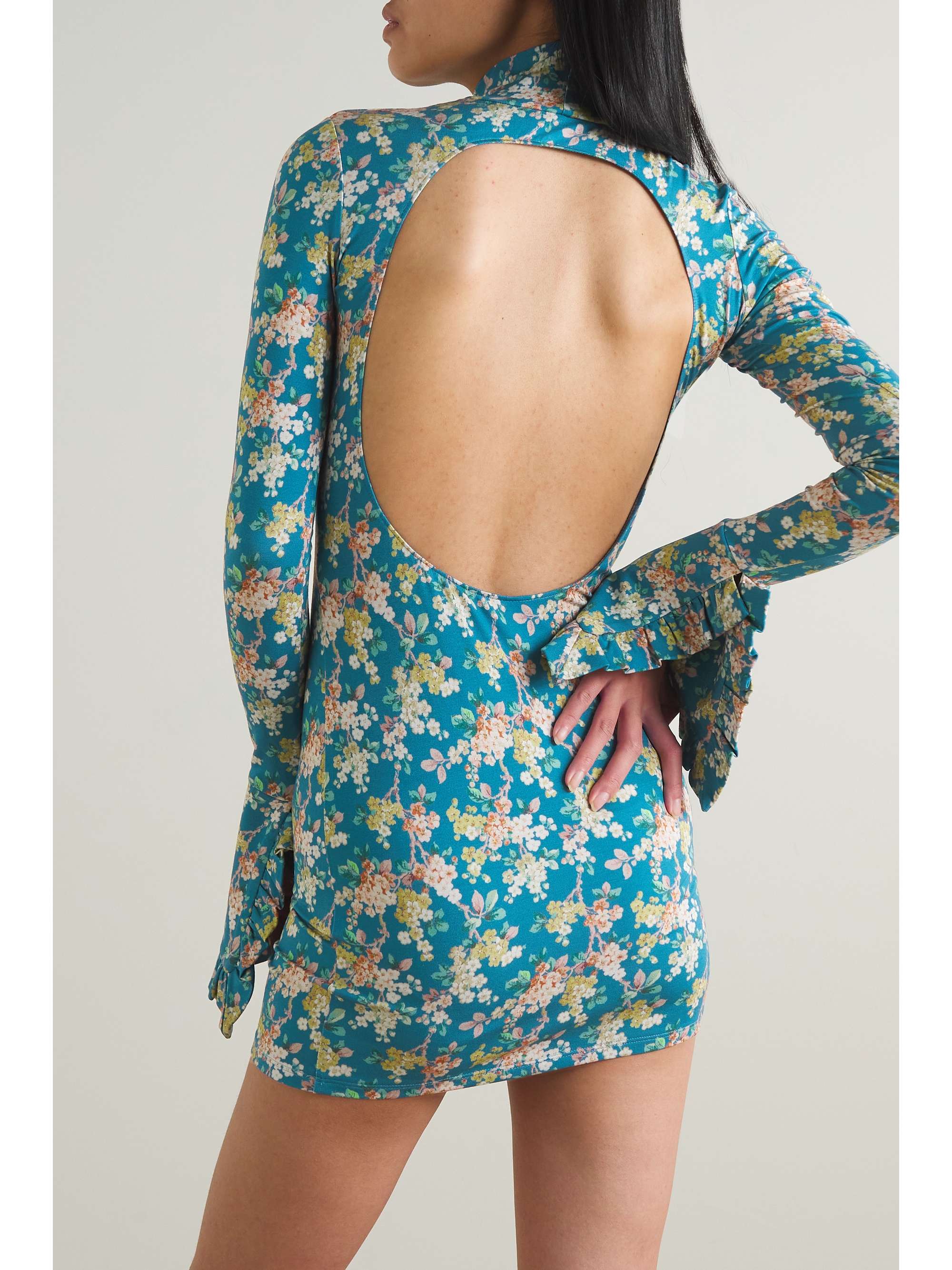LES RÊVERIES Open-back ruffled floral-print stretch-jersey turtleneck mini dress