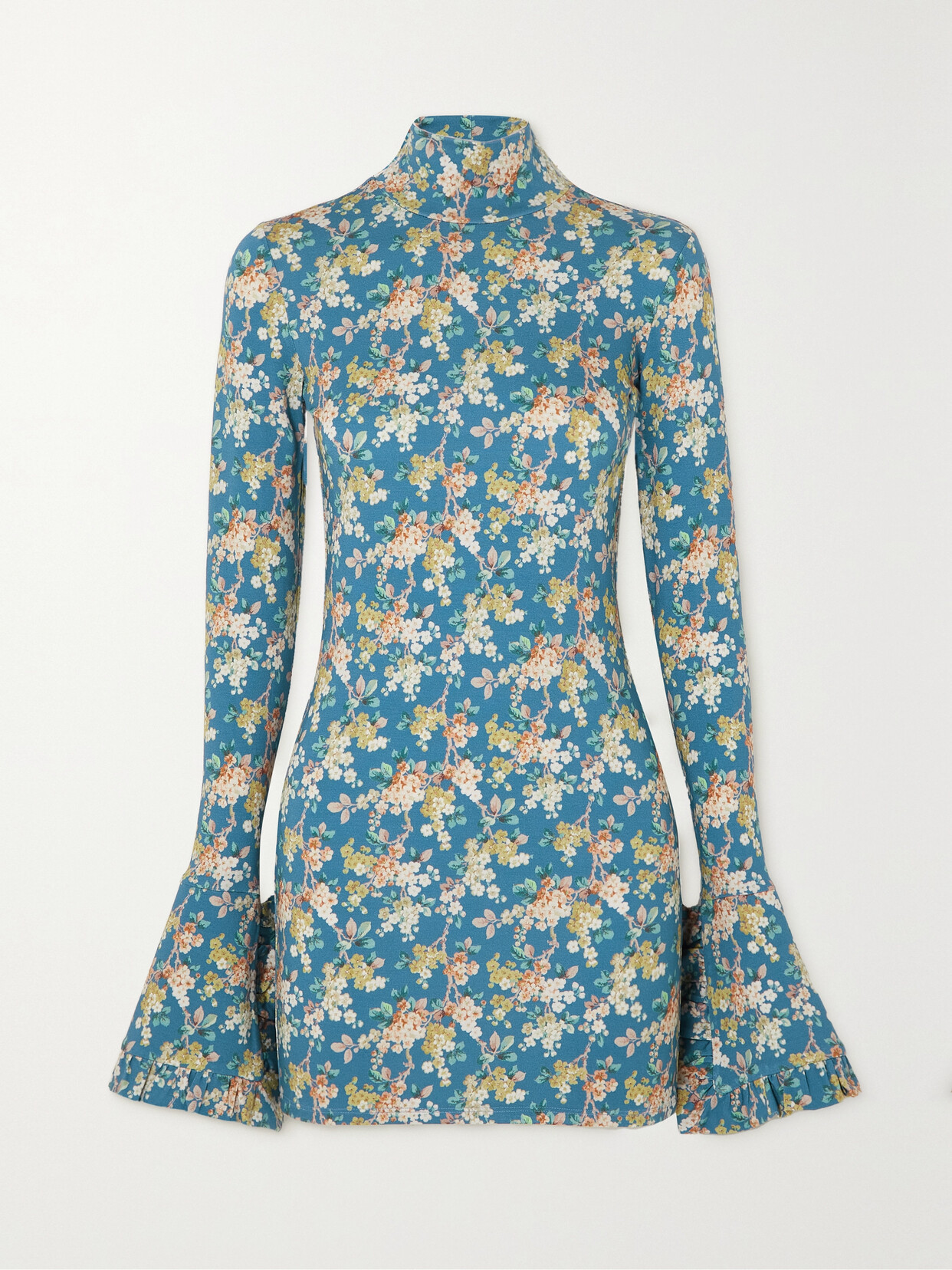 LES RÊVERIES Open-back Ruffled Floral-print Stretch-jersey Turtleneck Mini Dress - Blue