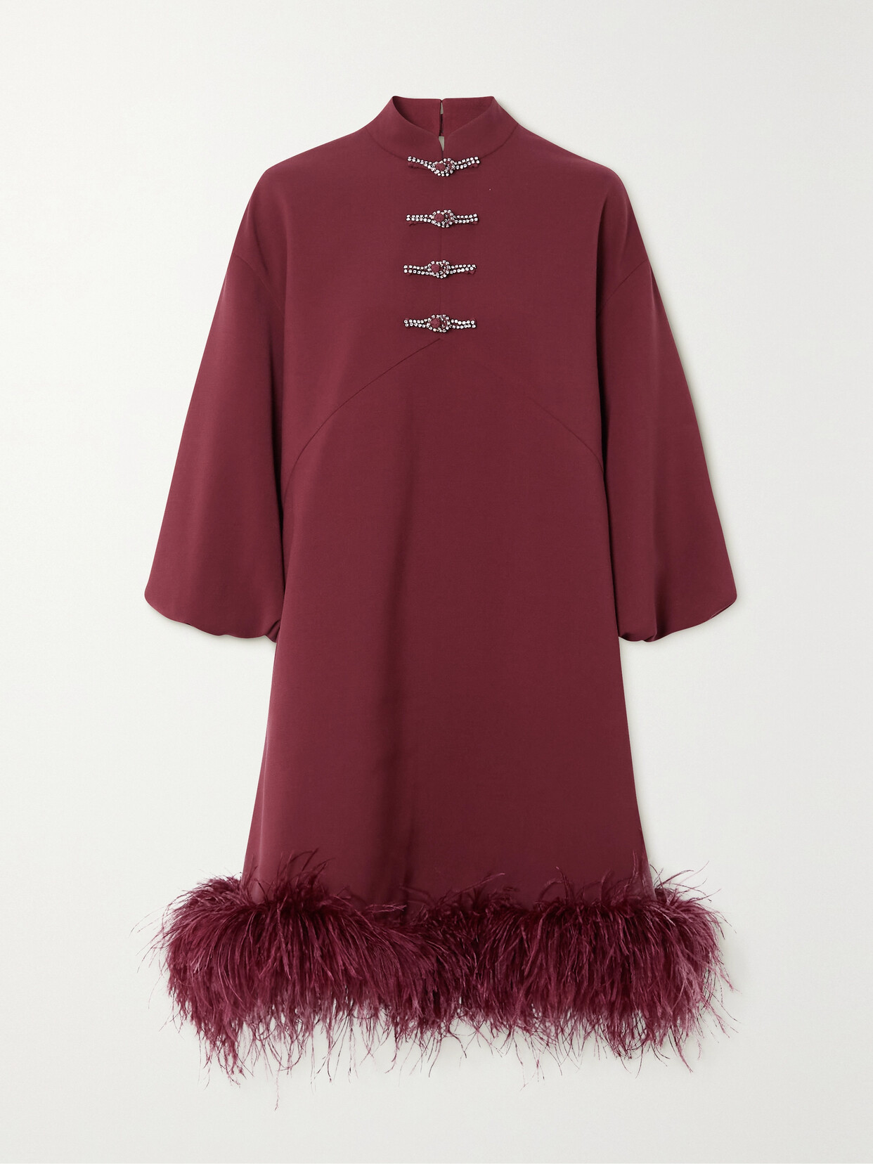 Huishan Zhang Meiling Feather-trimmed Crystal-embellished Recycled-crepe Mini Dress - Burgundy
