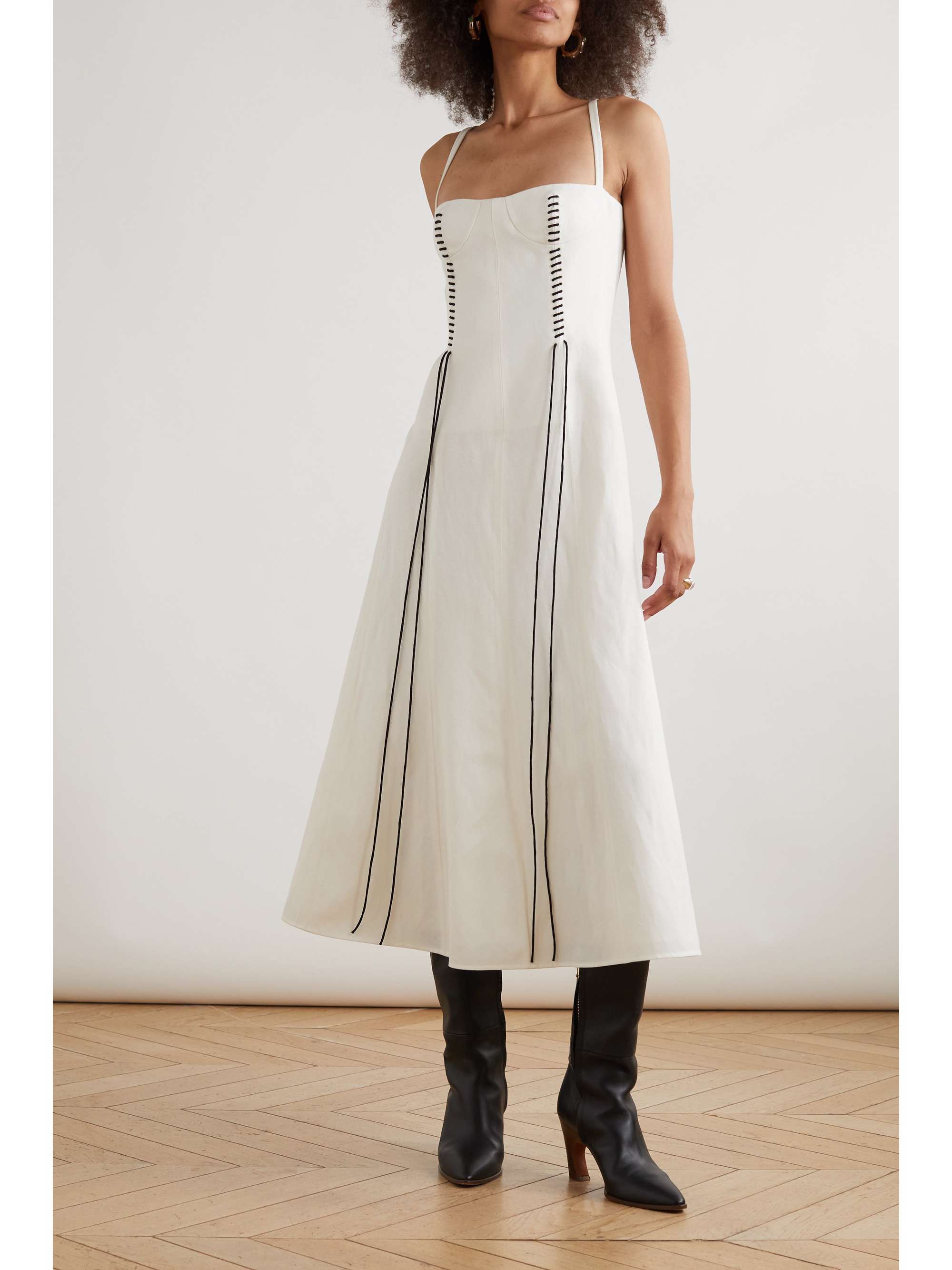 CHLOÉ Embroidered wool and linen-blend midi dress